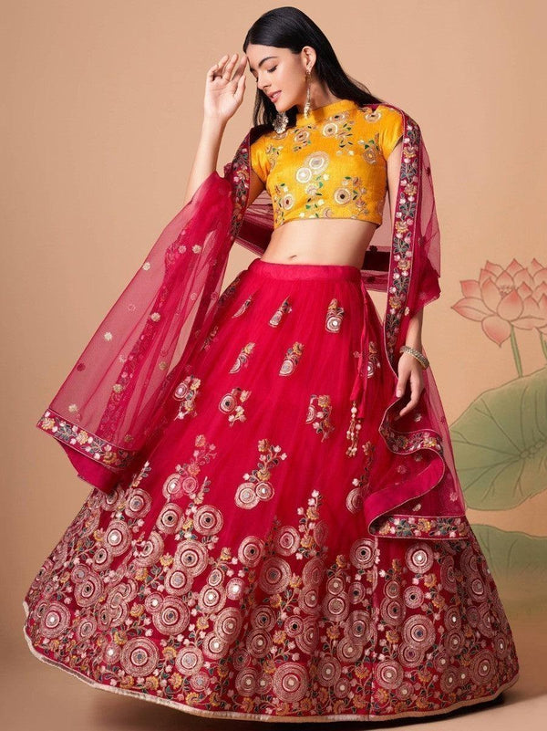 Prodigious Hot Pink Mirror Work Net Wedding Wear Lehenga Choli