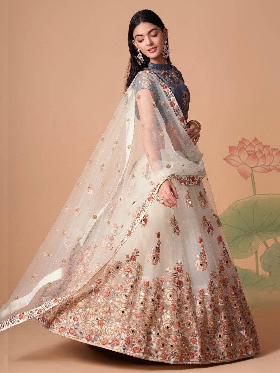 Fascinating Off-White Mirror Work Net Party Wear Lehenga Choli