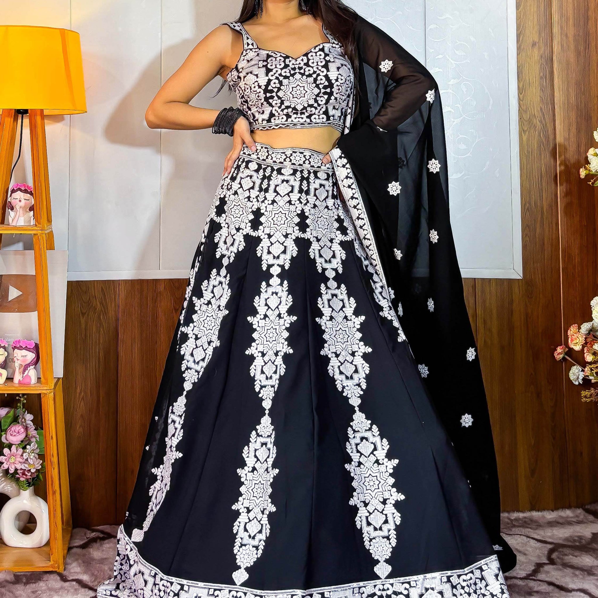 Tantalizing Black Thread Work Georgette Designer Lehenga Choli - Zeel Clothing