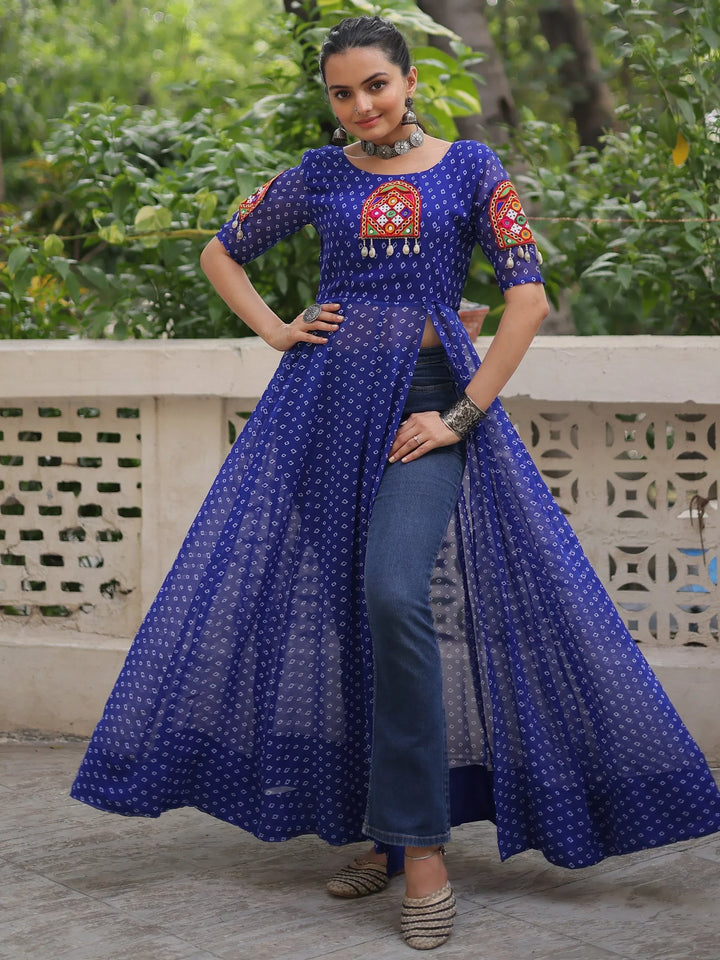 Tantalizing Blue Bandhani Printed Georgette Navratri Wear Side Slit Kurti - Zeel Clothing