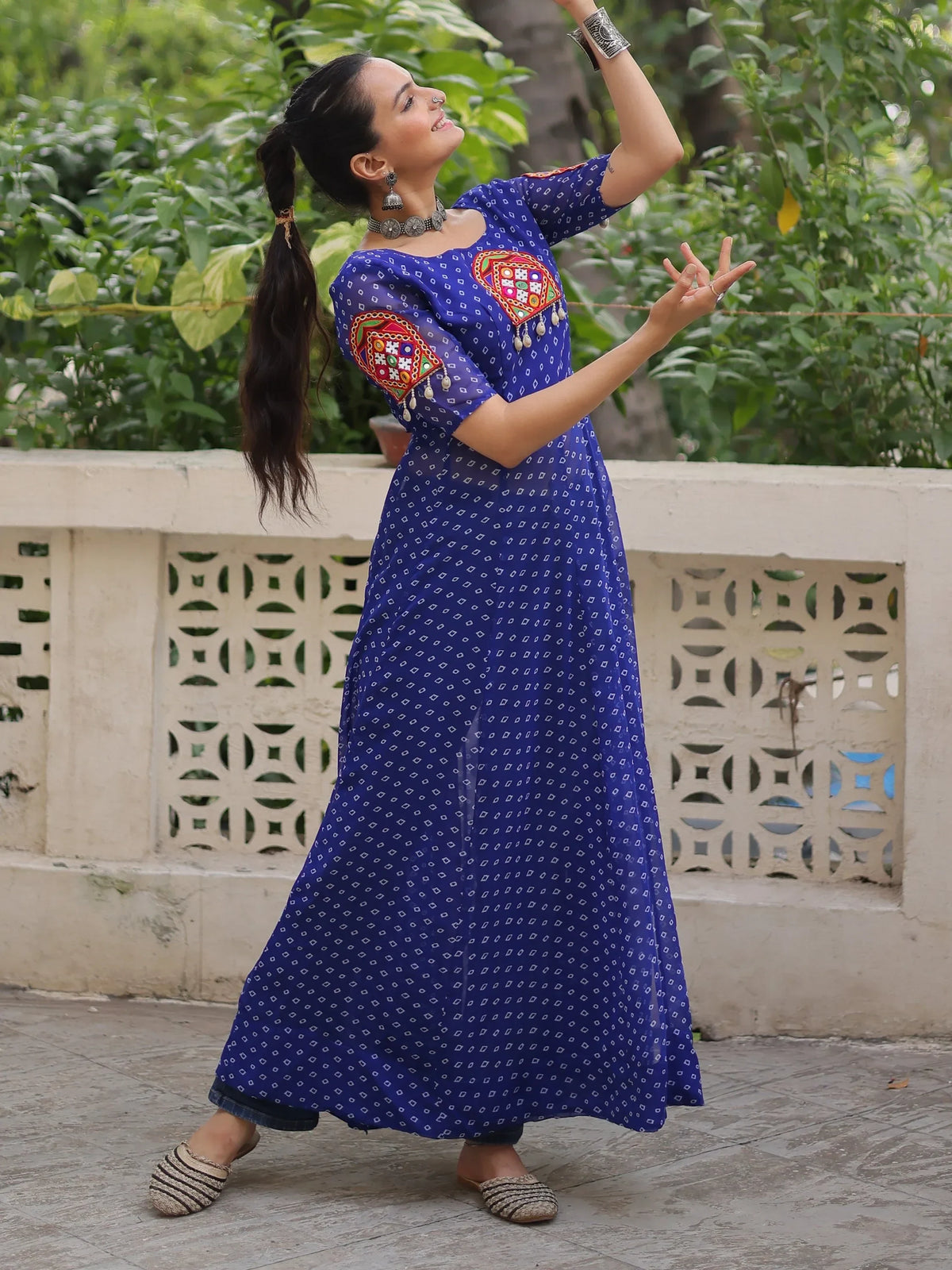 Tantalizing Blue Bandhani Printed Georgette Navratri Wear Side Slit Kurti - Zeel Clothing