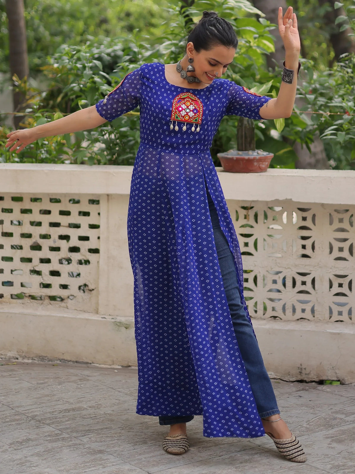 Tantalizing Blue Bandhani Printed Georgette Navratri Wear Side Slit Kurti - Zeel Clothing