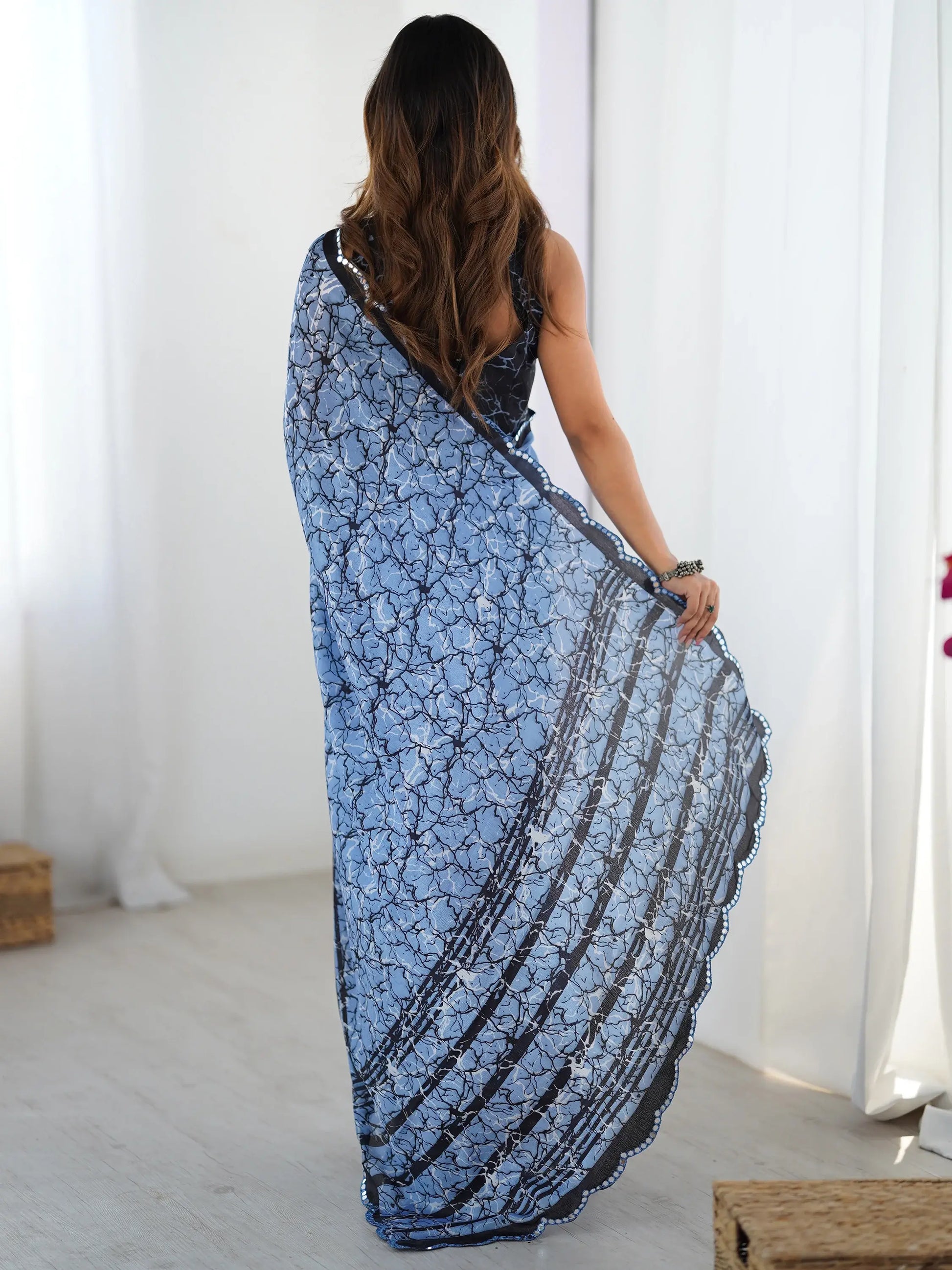 Tantalizing Blue Digital Printed Chinon Reception Wear Saree With Blouse - Zeel Clothing