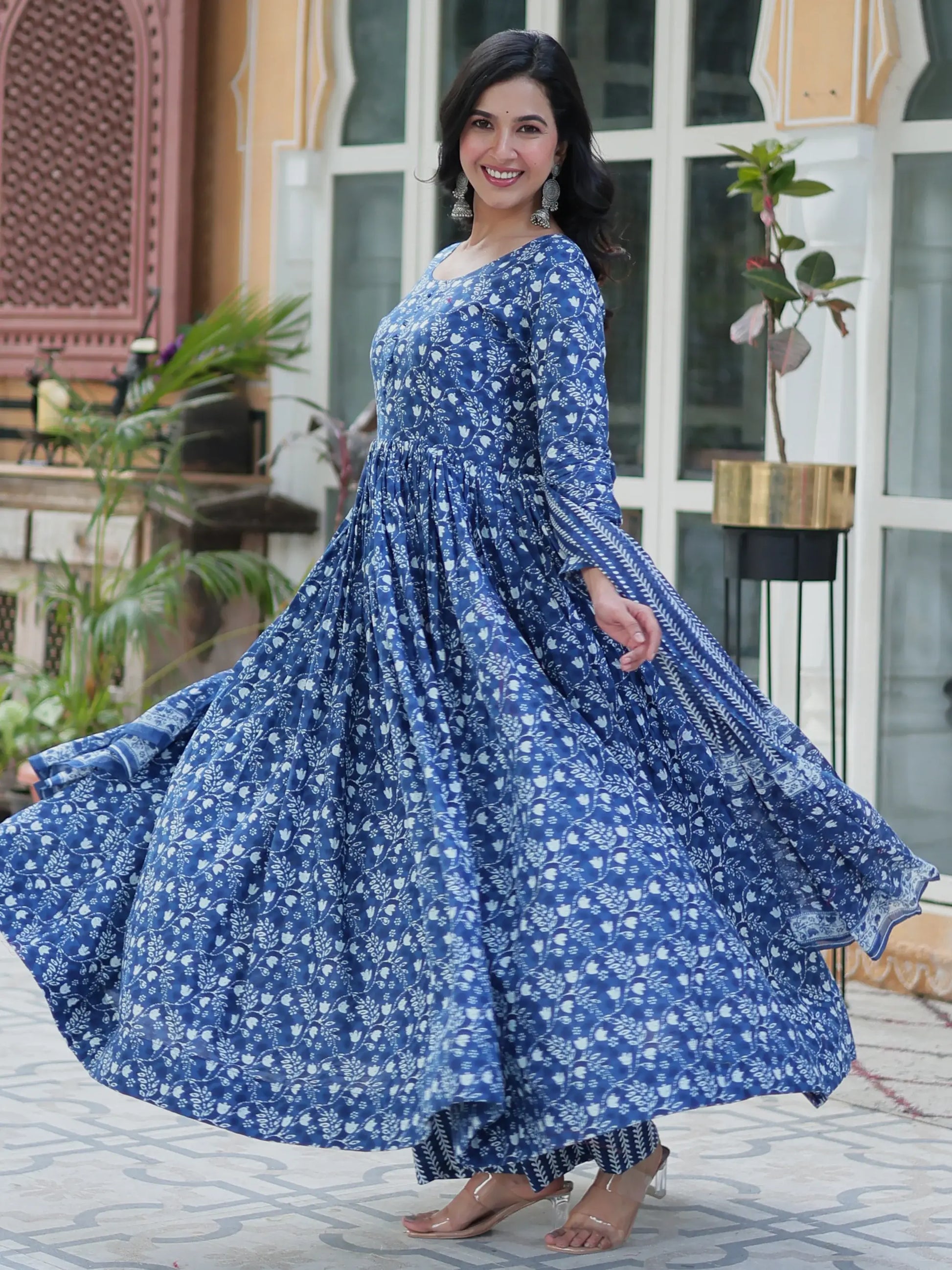 Tantalizing Blue Printed Cotton Casual Wear Gown With Dupatta - Zeel Clothing