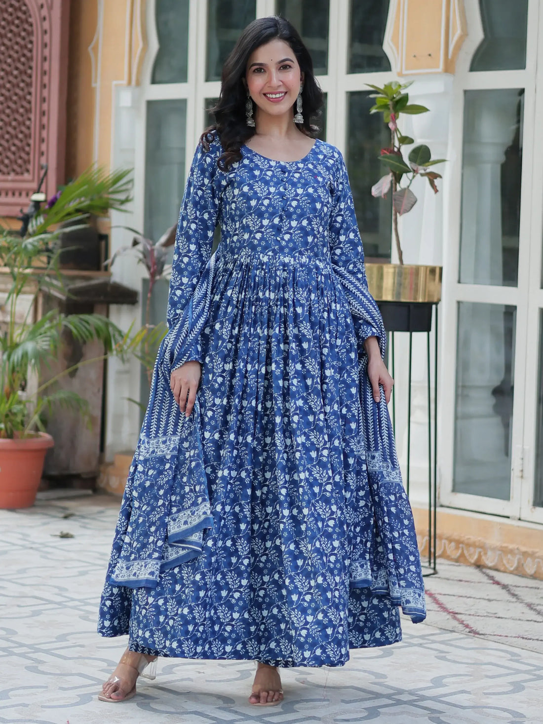 Tantalizing Blue Printed Cotton Casual Wear Gown With Dupatta - Zeel Clothing