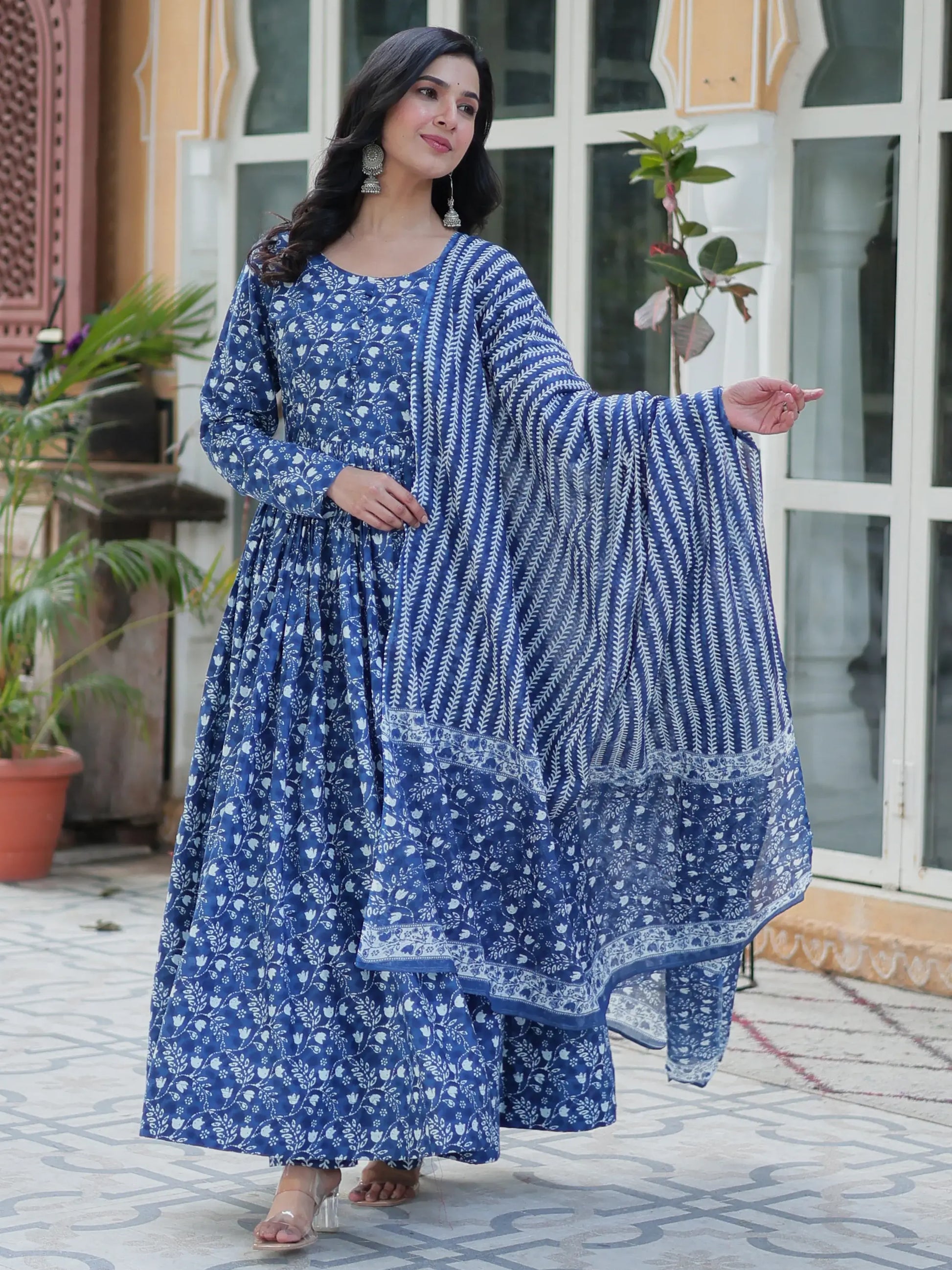 Tantalizing Blue Printed Cotton Casual Wear Gown With Dupatta - Zeel Clothing