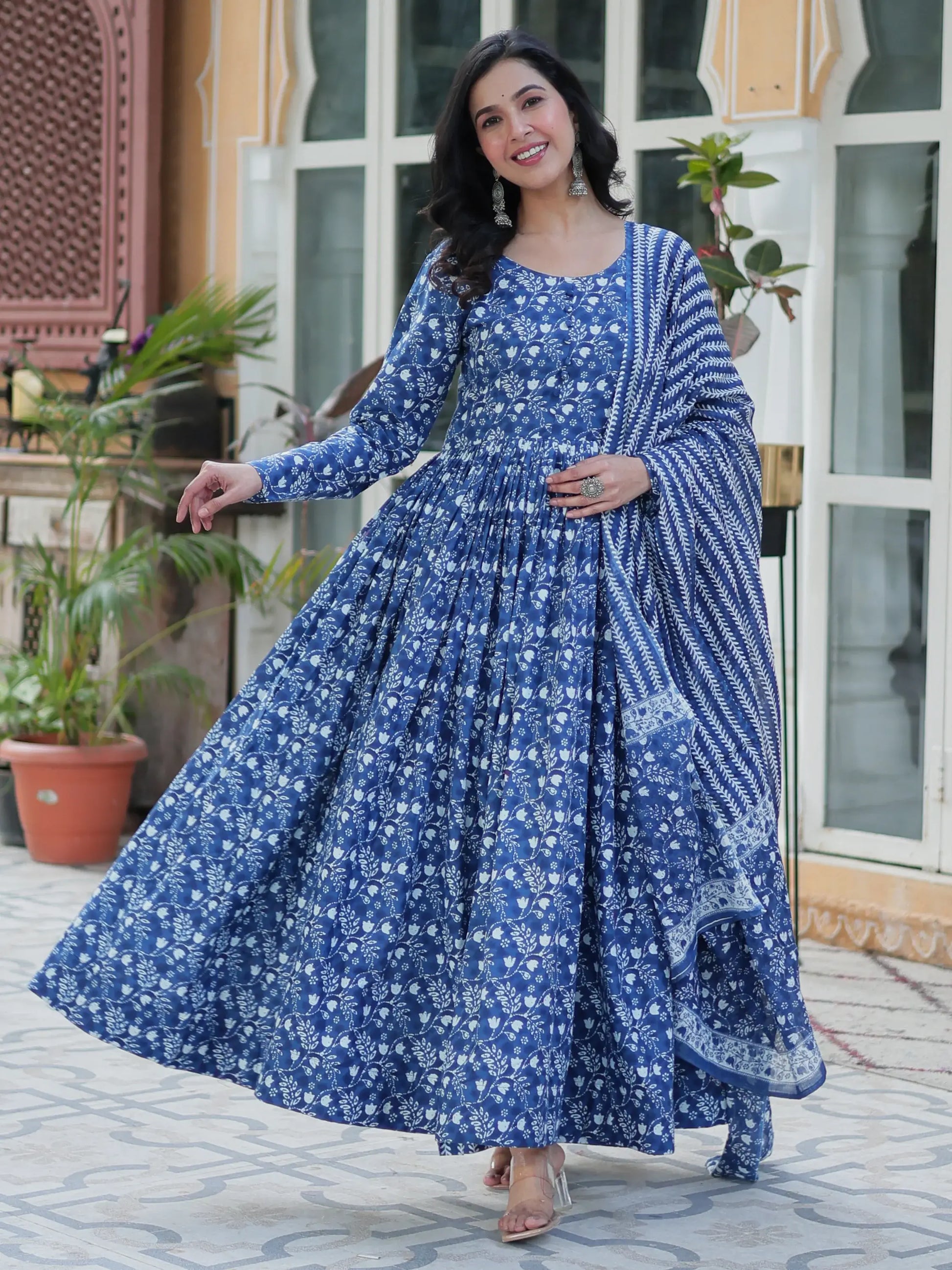 Tantalizing Blue Printed Cotton Casual Wear Gown With Dupatta - Zeel Clothing