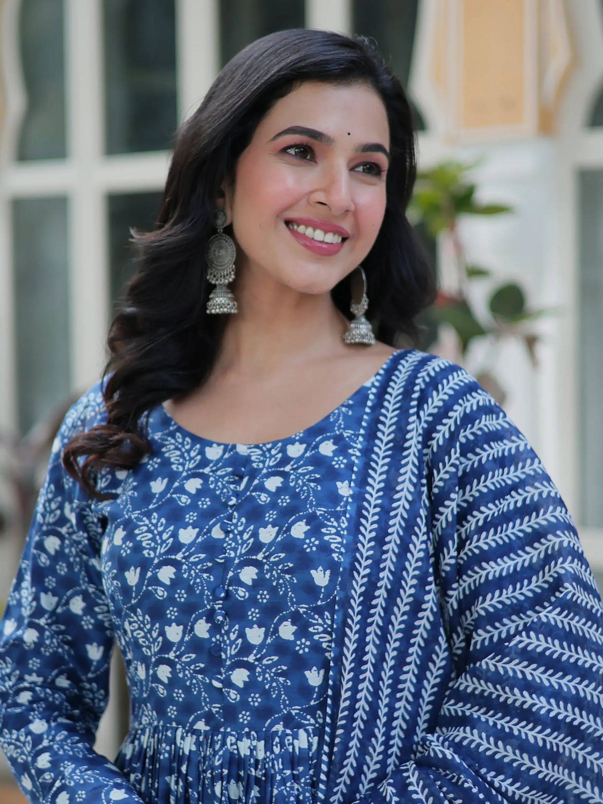 Tantalizing Blue Printed Cotton Casual Wear Gown With Dupatta - Zeel Clothing