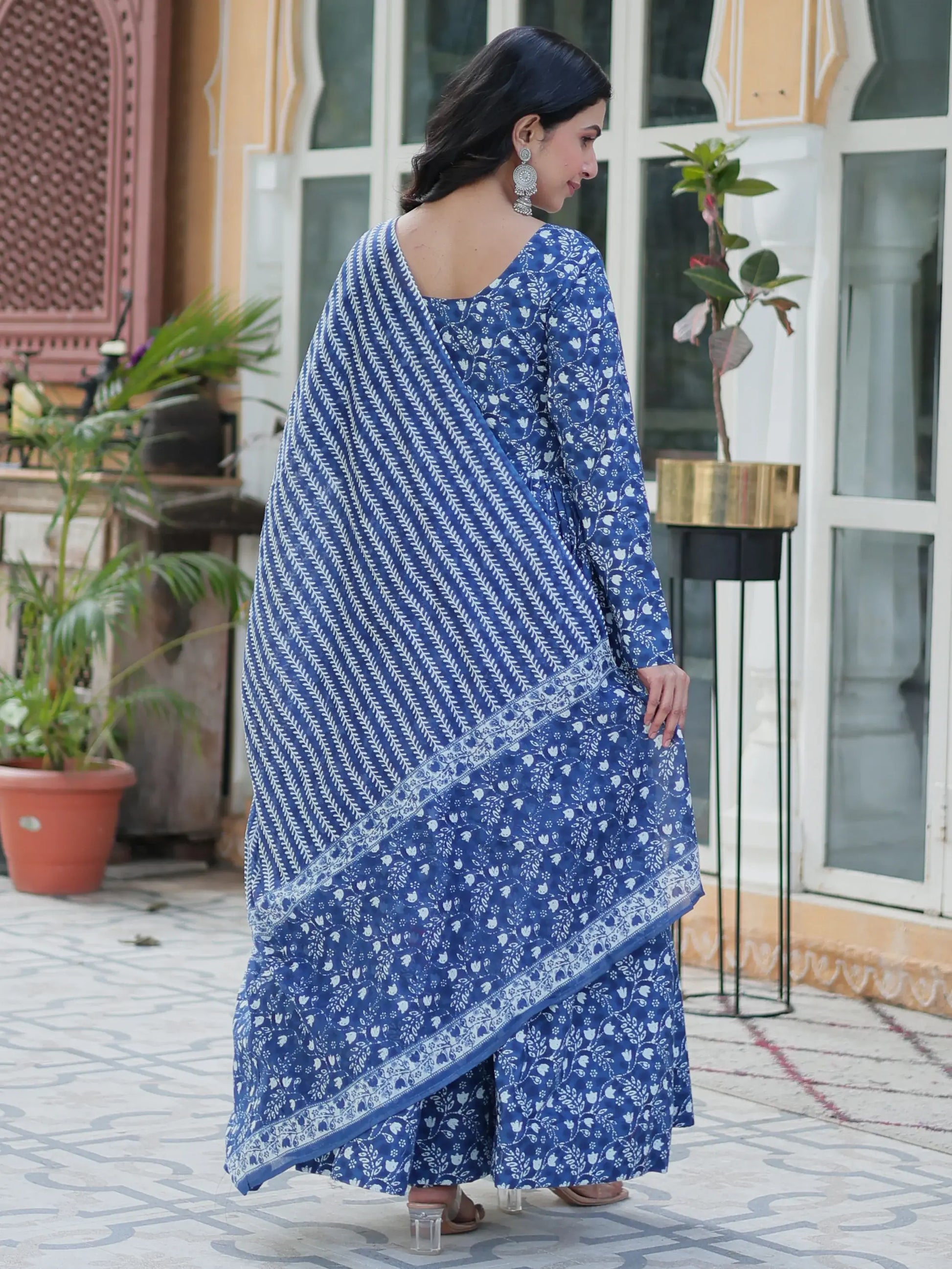 Tantalizing Blue Printed Cotton Casual Wear Gown With Dupatta - Zeel Clothing