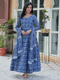 Tantalizing Blue Printed Cotton Casual Wear Gown With Dupatta - Zeel Clothing