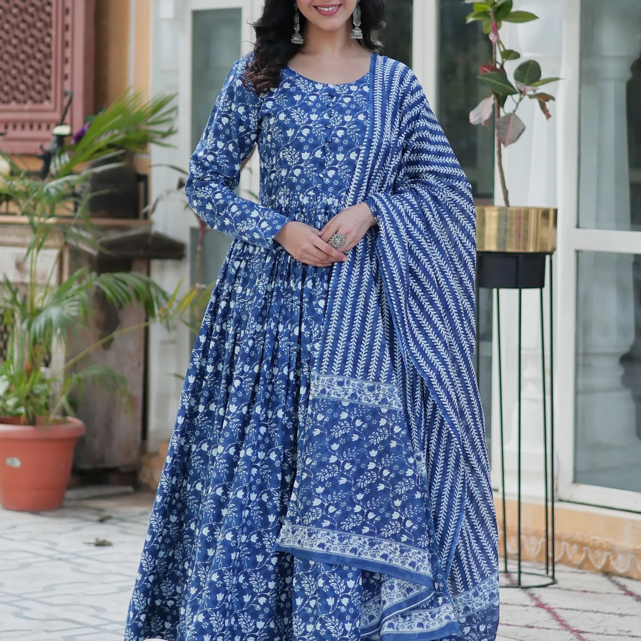 Tantalizing Blue Printed Cotton Casual Wear Gown With Dupatta - Zeel Clothing