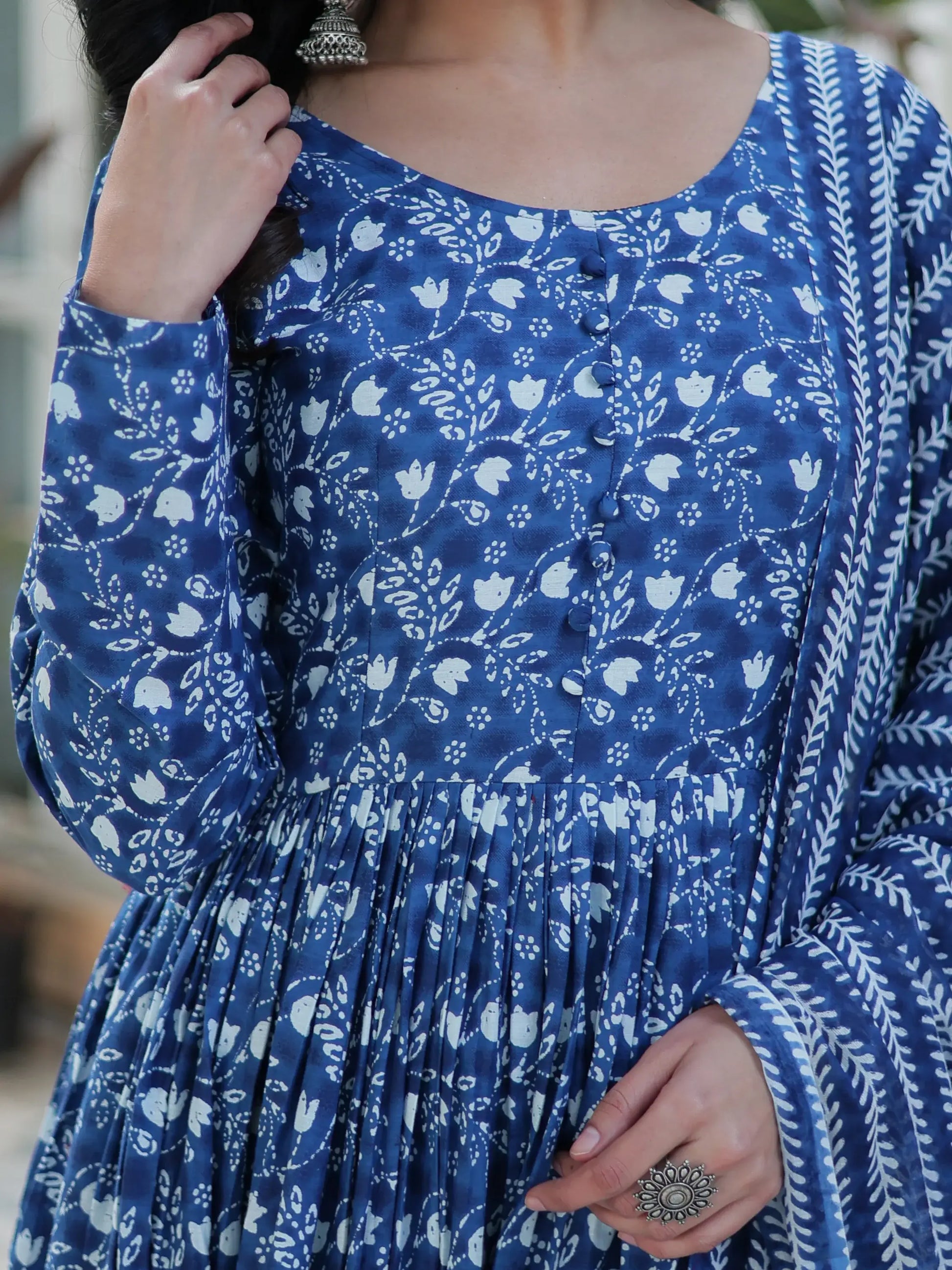 Tantalizing Blue Printed Cotton Casual Wear Gown With Dupatta - Zeel Clothing