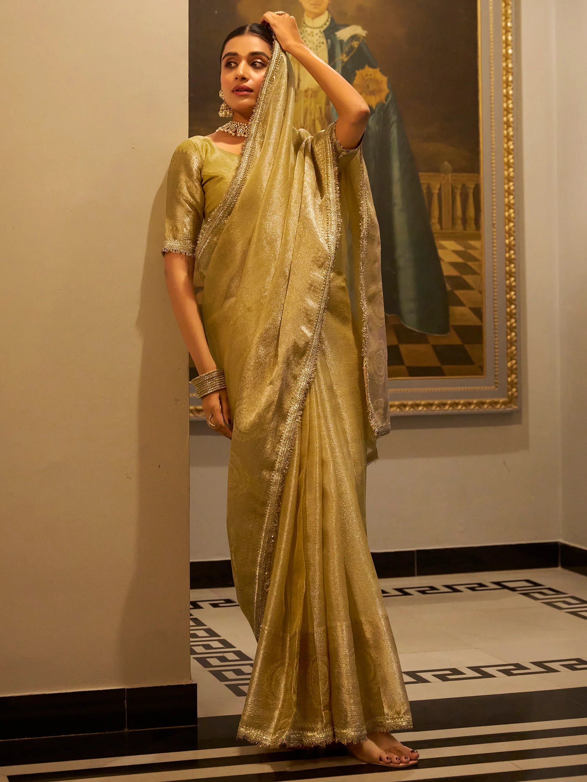 Tantalizing Golden Zari Weaving Tissue Silk Traditional Saree With Blouse - Zeel Clothing