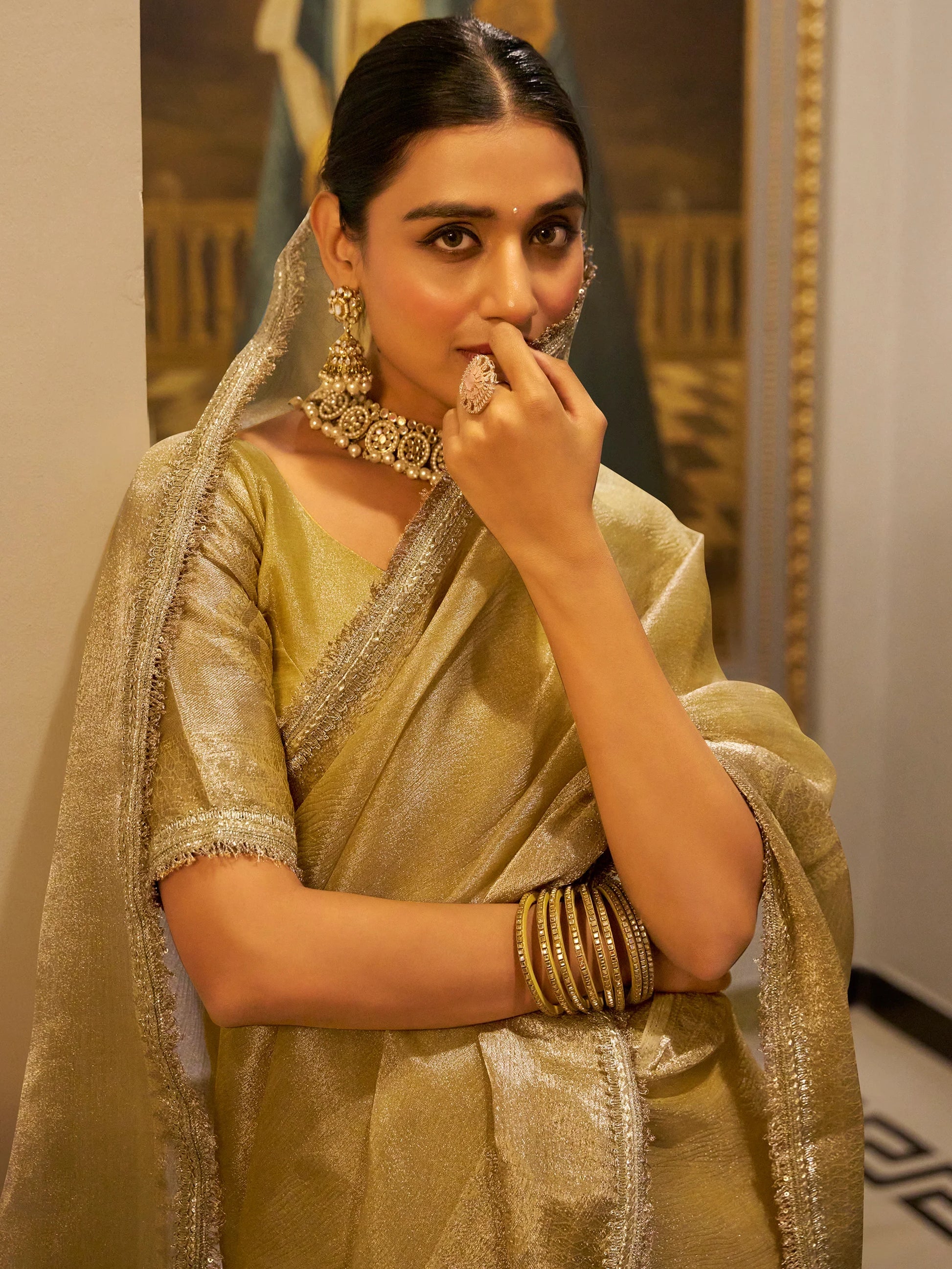 Tantalizing Golden Zari Weaving Tissue Silk Traditional Saree With Blouse - Zeel Clothing