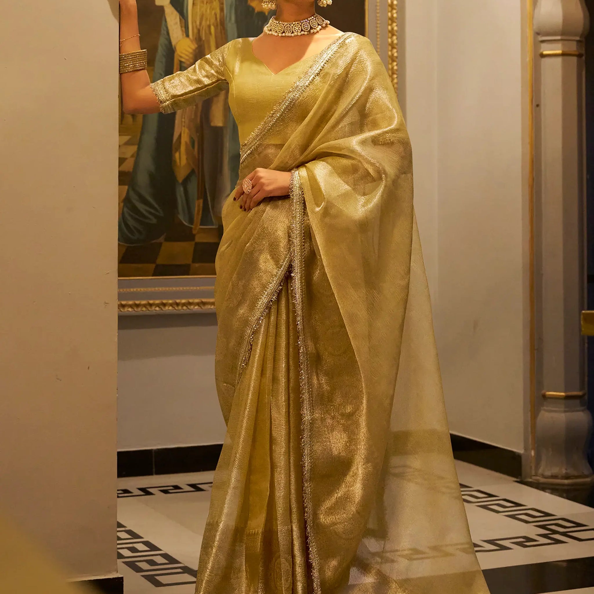 Tantalizing Golden Zari Weaving Tissue Silk Traditional Saree With Blouse - Zeel Clothing
