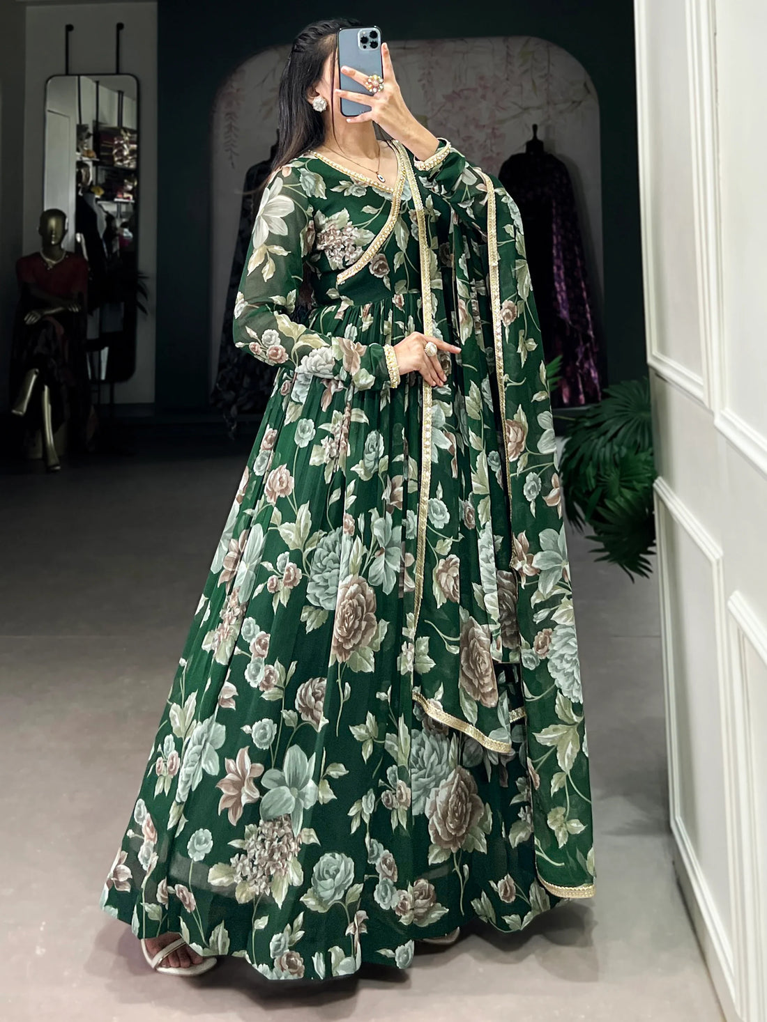 Tantalizing Green Floral Printed Georgette Event Wear Gown With Dupatta - Zeel Clothing