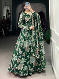 Tantalizing Green Floral Printed Georgette Event Wear Gown With Dupatta - Zeel Clothing