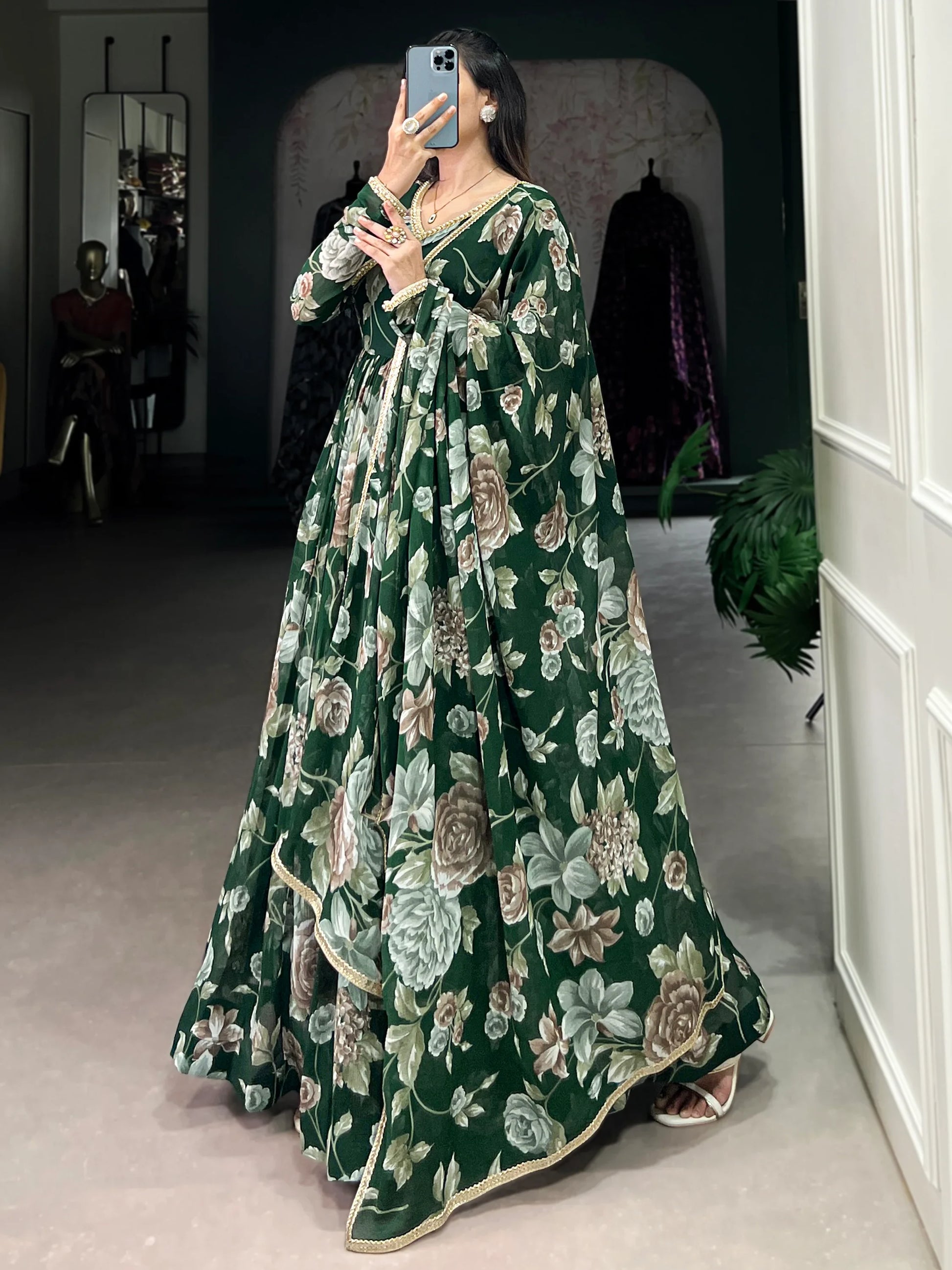 Tantalizing Green Floral Printed Georgette Event Wear Gown With Dupatta - Zeel Clothing