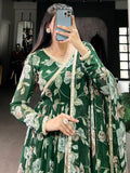Tantalizing Green Floral Printed Georgette Event Wear Gown With Dupatta - Zeel Clothing