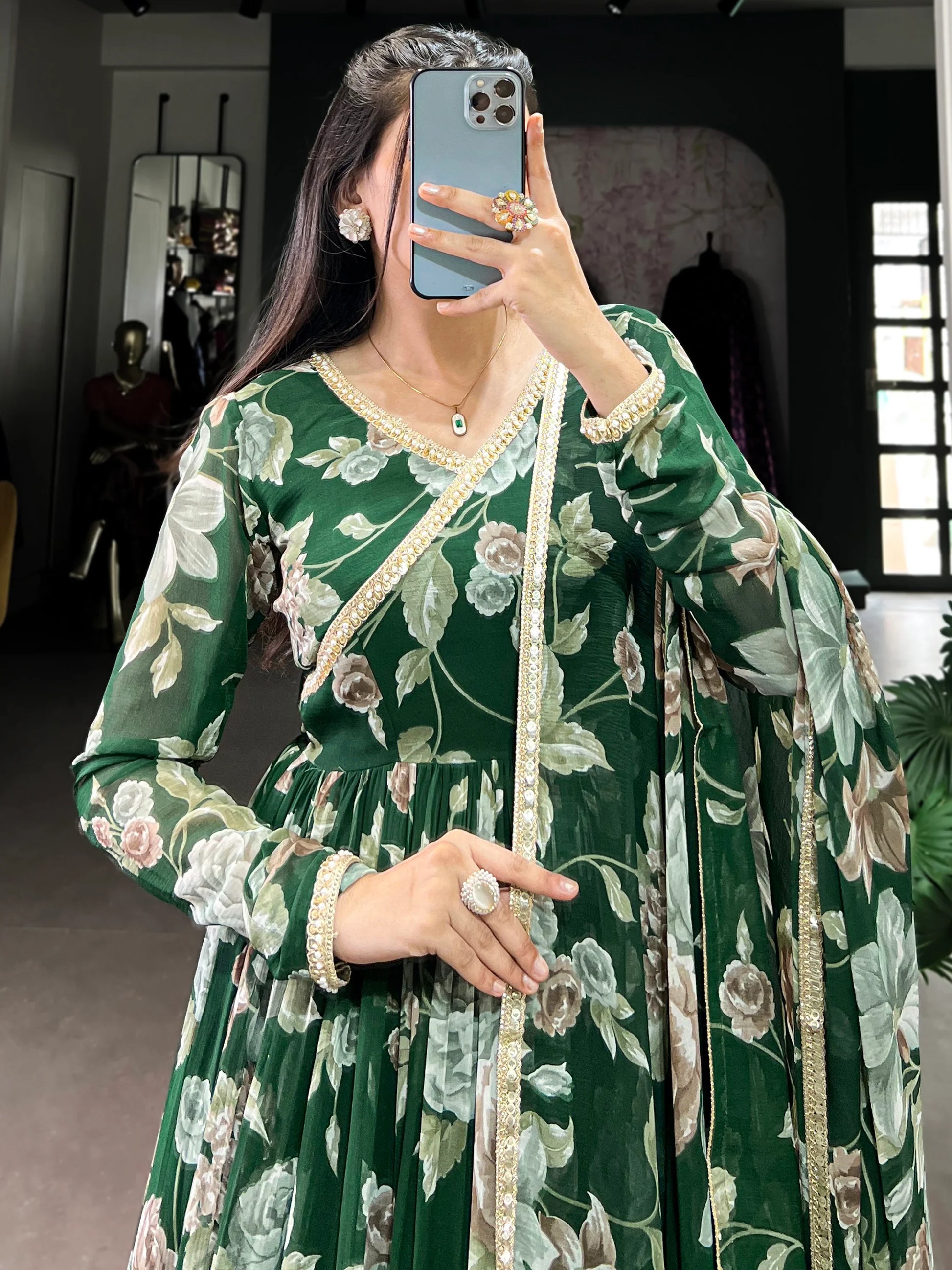 Tantalizing Green Floral Printed Georgette Event Wear Gown With Dupatta - Zeel Clothing