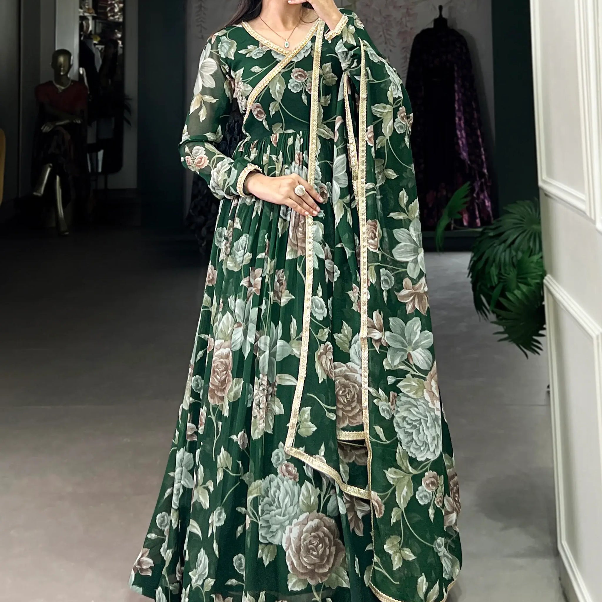 Tantalizing Green Floral Printed Georgette Event Wear Gown With Dupatta - Zeel Clothing
