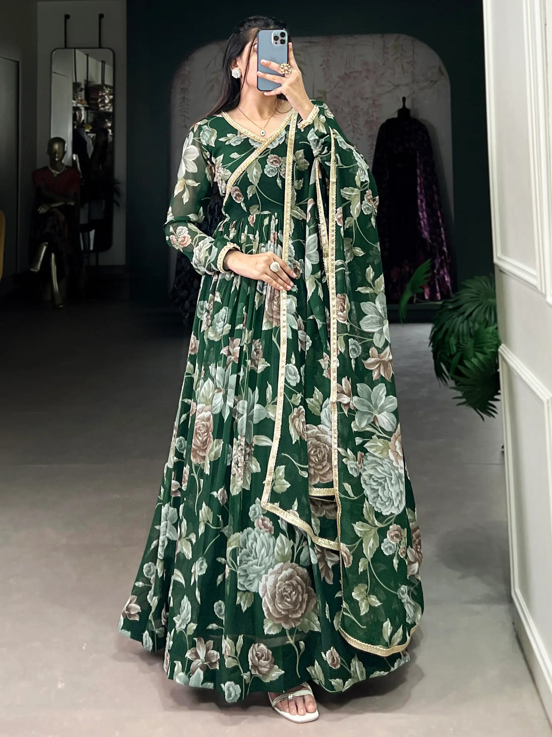 Tantalizing Green Floral Printed Georgette Event Wear Gown With Dupatta - Zeel Clothing