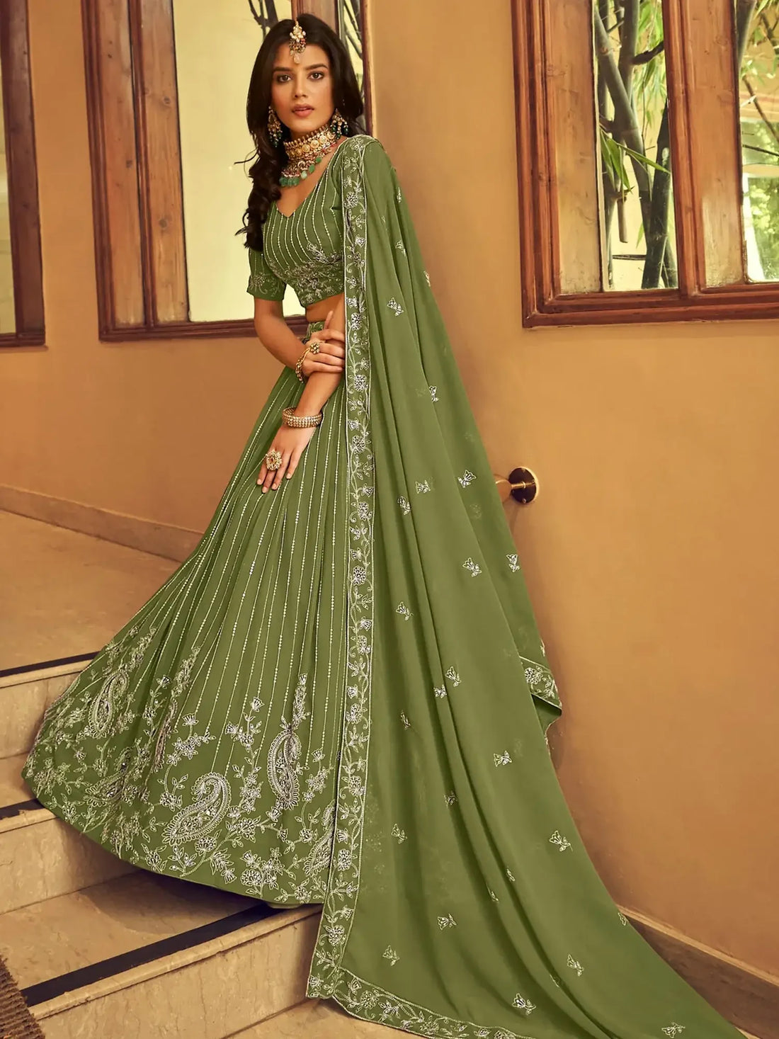 Tantalizing Green Thread Embroidered Georgette Mehendi Wear Lehenga With Blouse