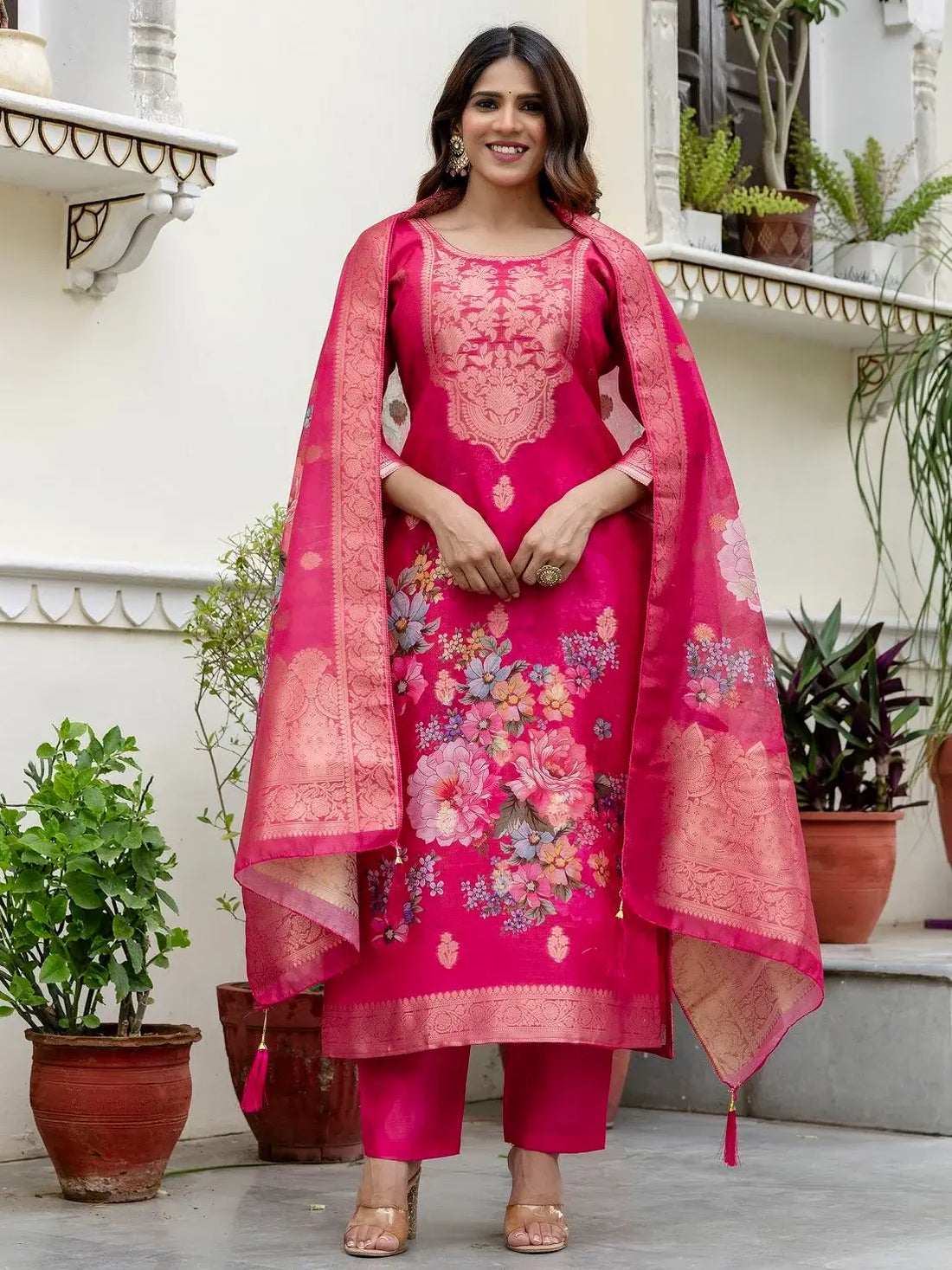 Tantalizing Hot Pink Zari Weaving Chanderi Silk Pant Suit With Dupatta - Zeel Clothing
