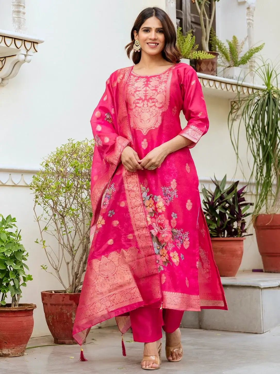 Tantalizing Hot Pink Zari Weaving Chanderi Silk Pant Suit With Dupatta - Zeel Clothing