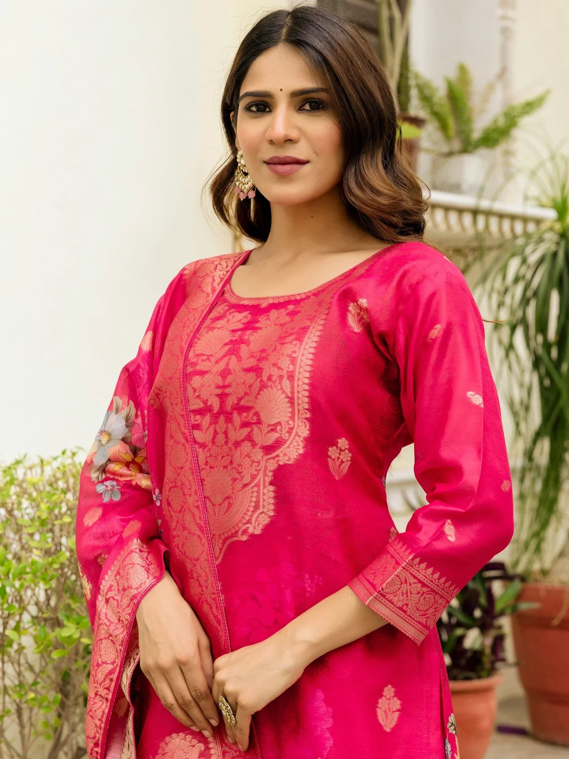 Tantalizing Hot Pink Zari Weaving Chanderi Silk Pant Suit With Dupatta - Zeel Clothing