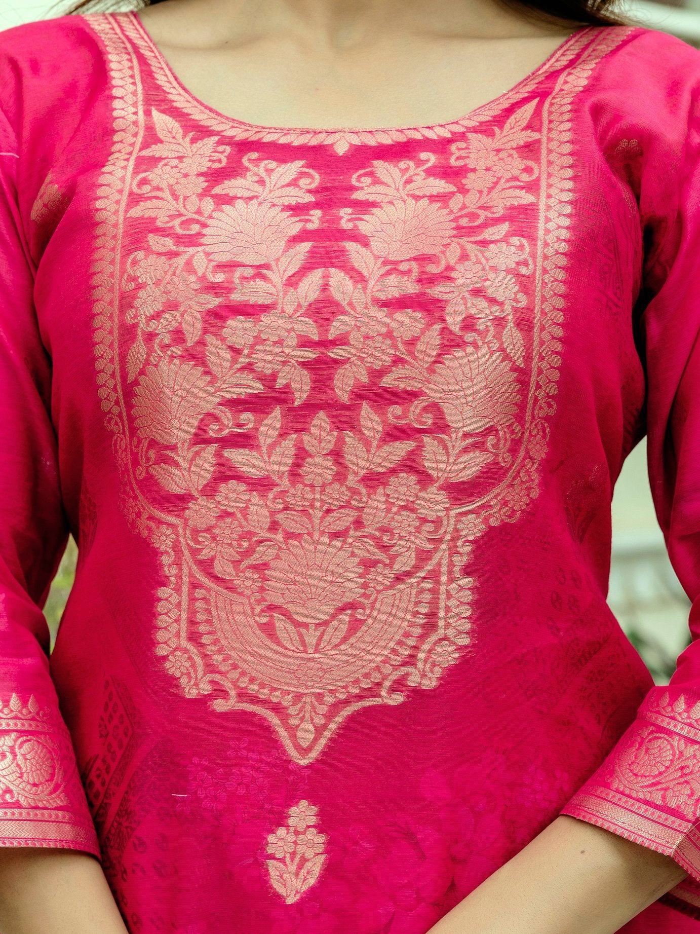 Tantalizing Hot Pink Zari Weaving Chanderi Silk Pant Suit With Dupatta - Zeel Clothing