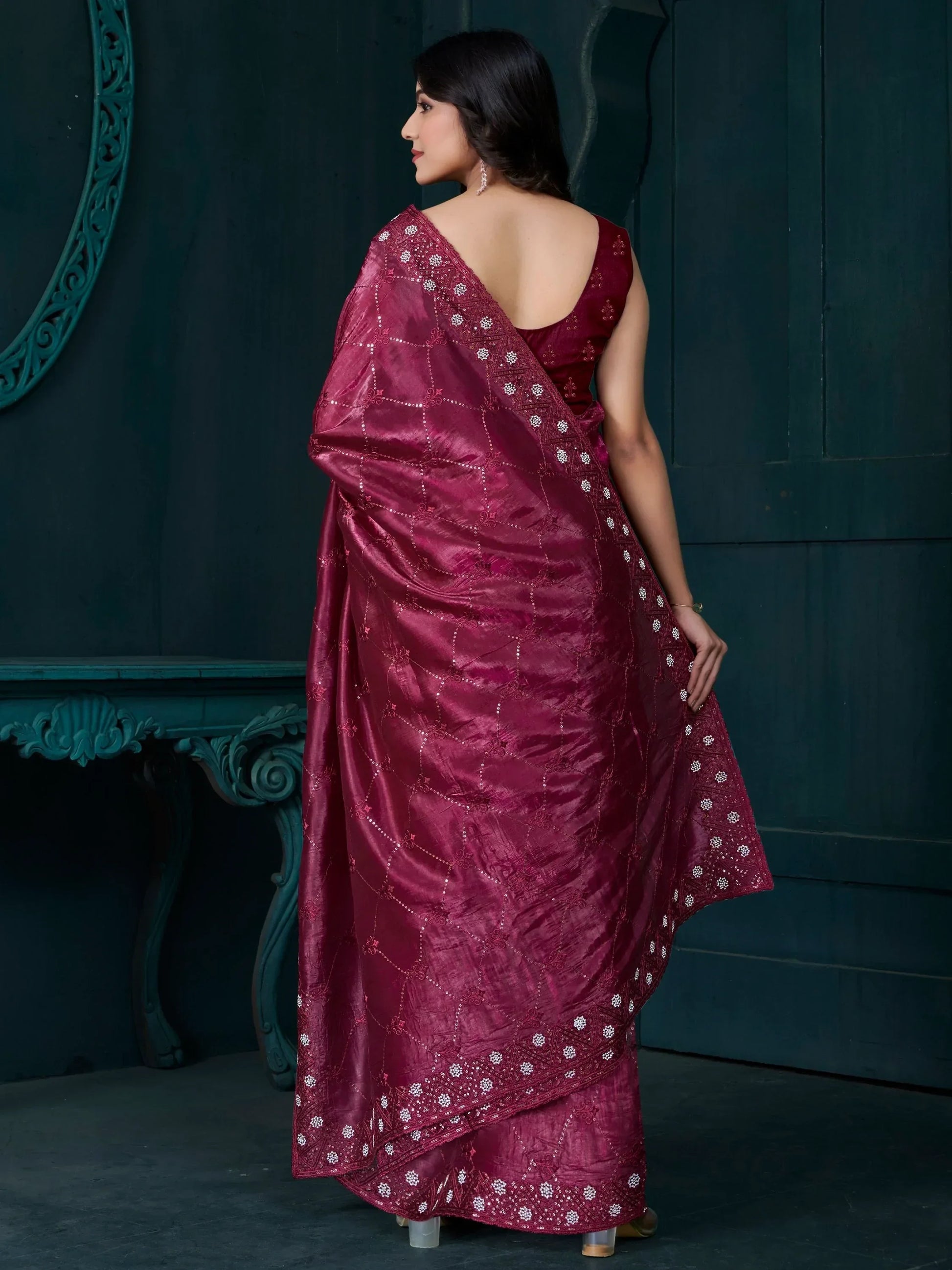 Tantalizing Maroon Sequins Work Silk Festive Wear Saree With Blouse - Zeel Clothing