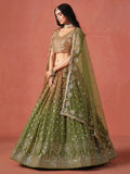 Tantalizing Mehendi Georgette Sequins Work Lehenga Choli With Dupatta - Zeel Clothing