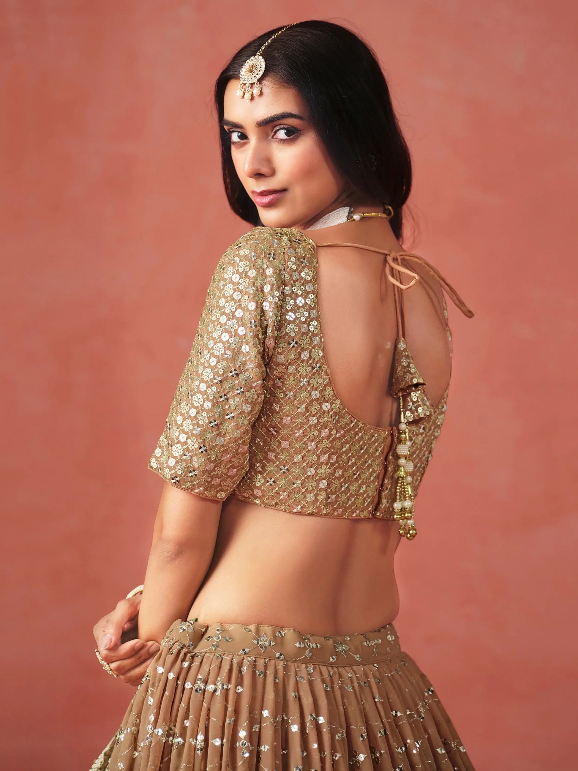 Tantalizing Mehendi Georgette Sequins Work Lehenga Choli With Dupatta - Zeel Clothing