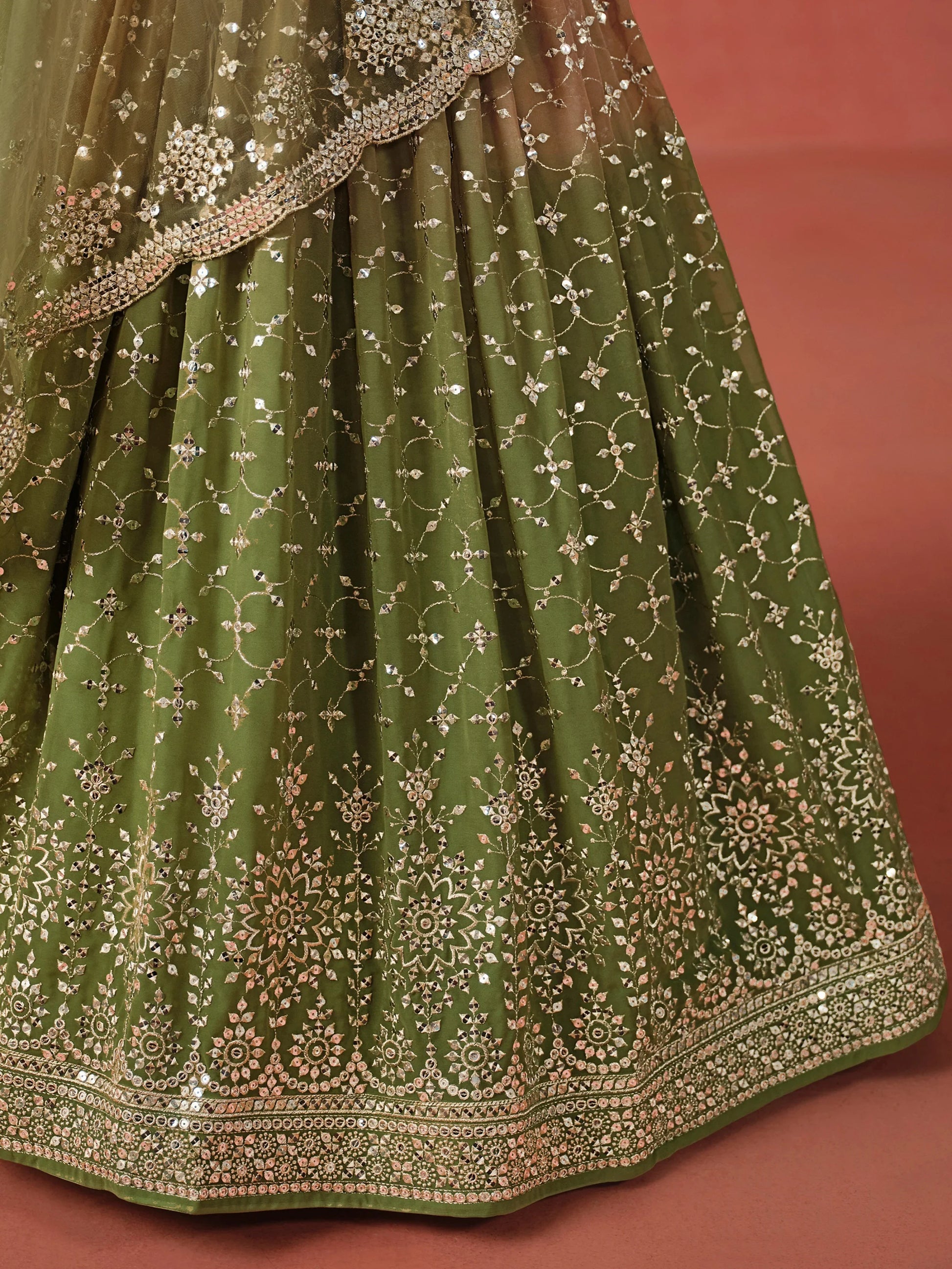 Tantalizing Mehendi Georgette Sequins Work Lehenga Choli With Dupatta - Zeel Clothing