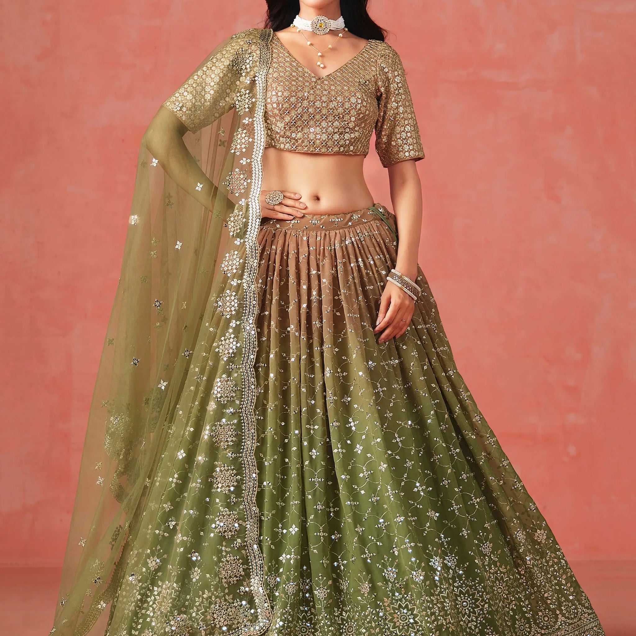 Tantalizing Mehendi Georgette Sequins Work Lehenga Choli With Dupatta - Zeel Clothing