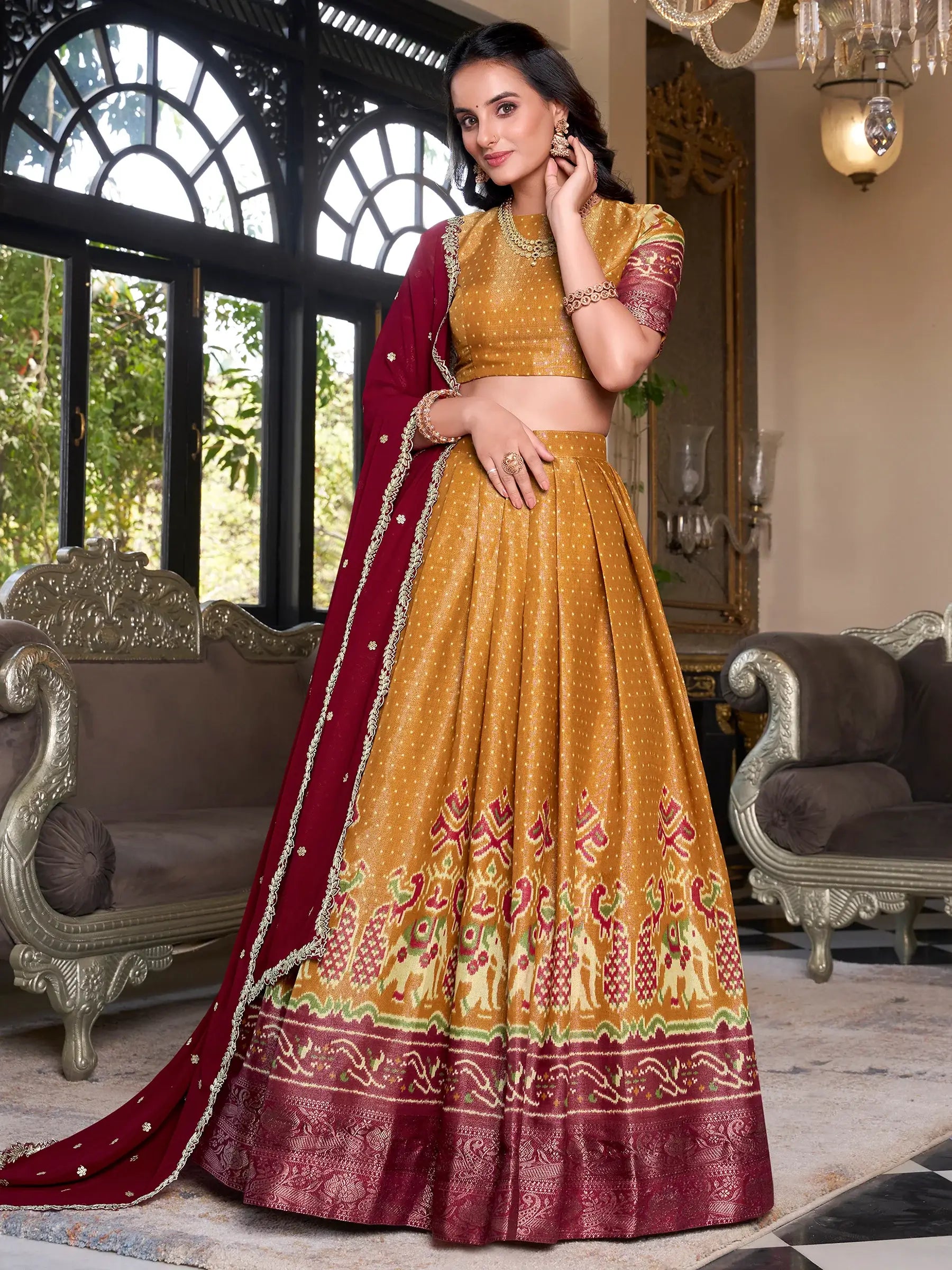 Tantalizing Mustard Yellow Patola Printed Kanchipuram Lehenga Choli - Zeel Clothing