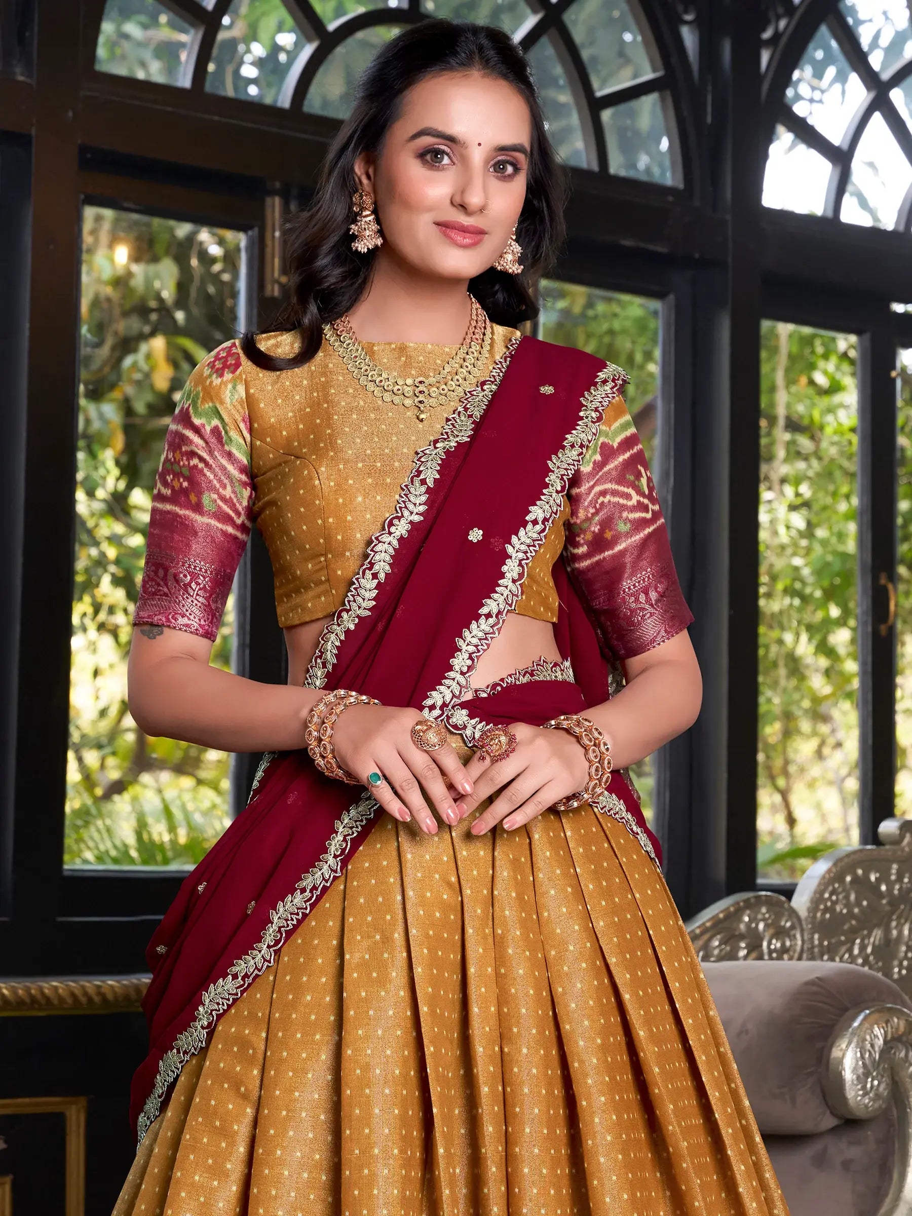 Tantalizing Mustard Yellow Patola Printed Kanchipuram Lehenga Choli - Zeel Clothing