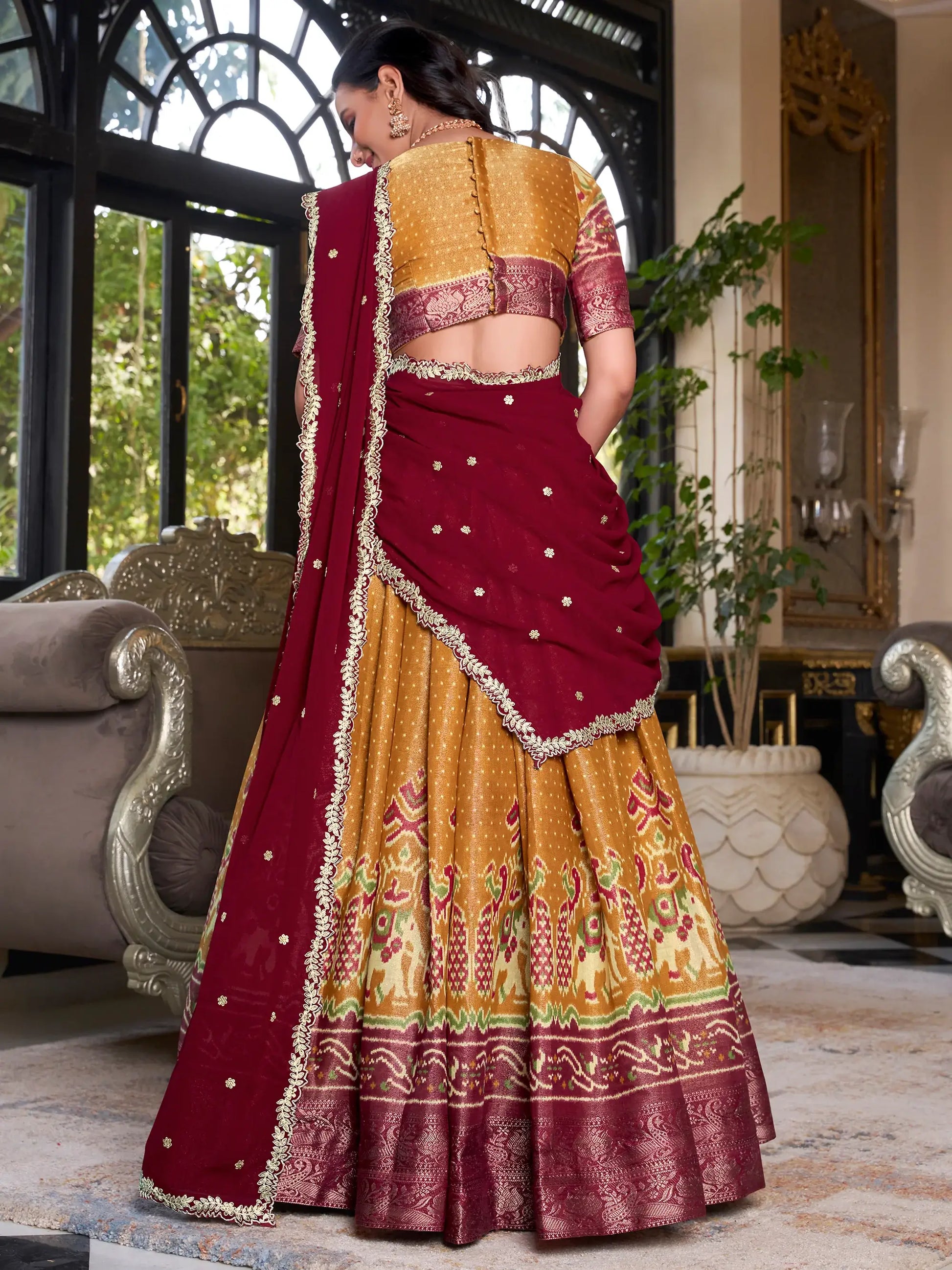 Tantalizing Mustard Yellow Patola Printed Kanchipuram Lehenga Choli - Zeel Clothing