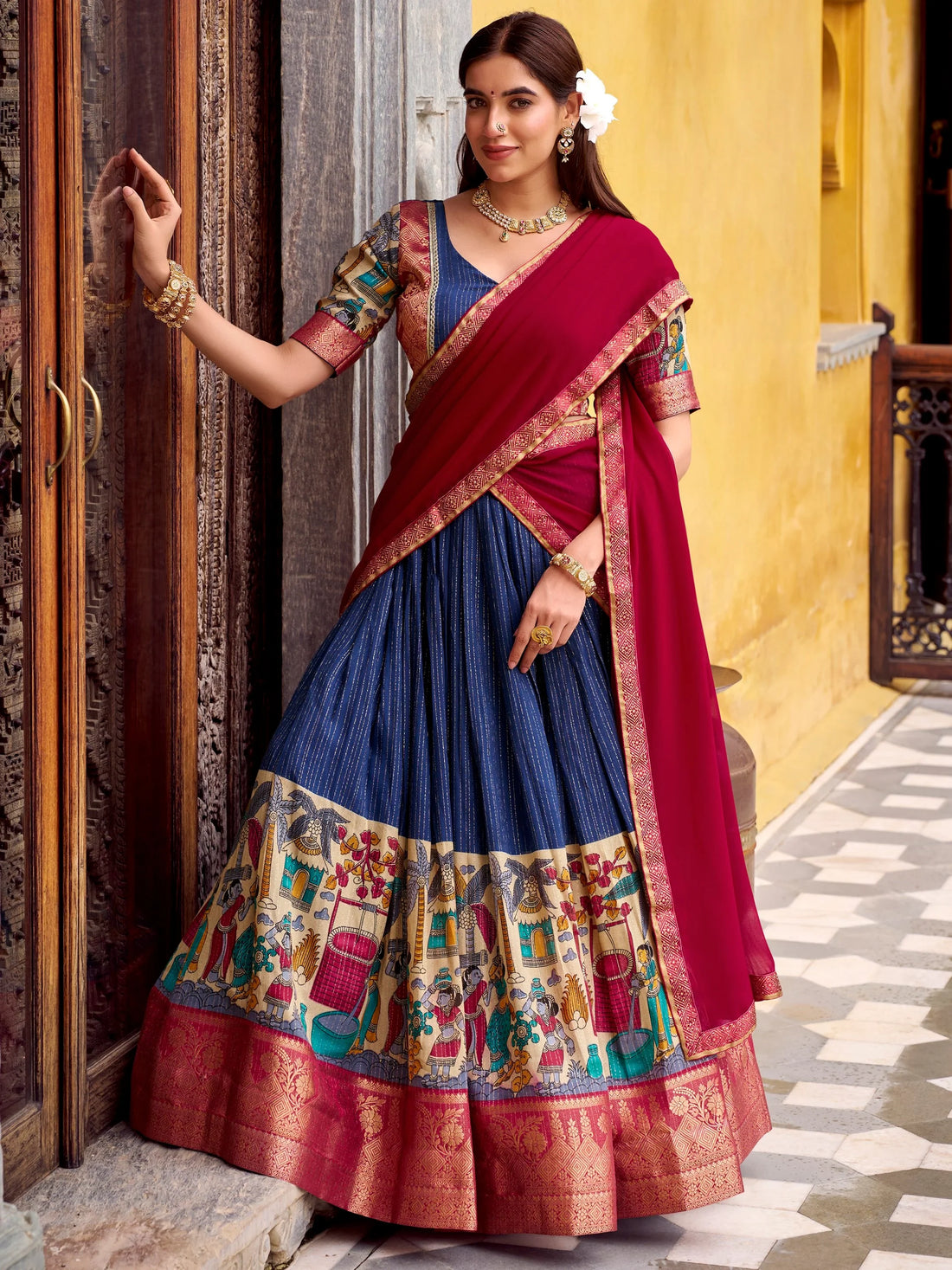 Tantalizing Navy Blue Kalamkari Print Chanderi Silk Event Wear Half Saree Lehenga
