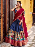 Tantalizing Navy Blue Kalamkari Print Chanderi Silk Event Wear Half Saree Lehenga