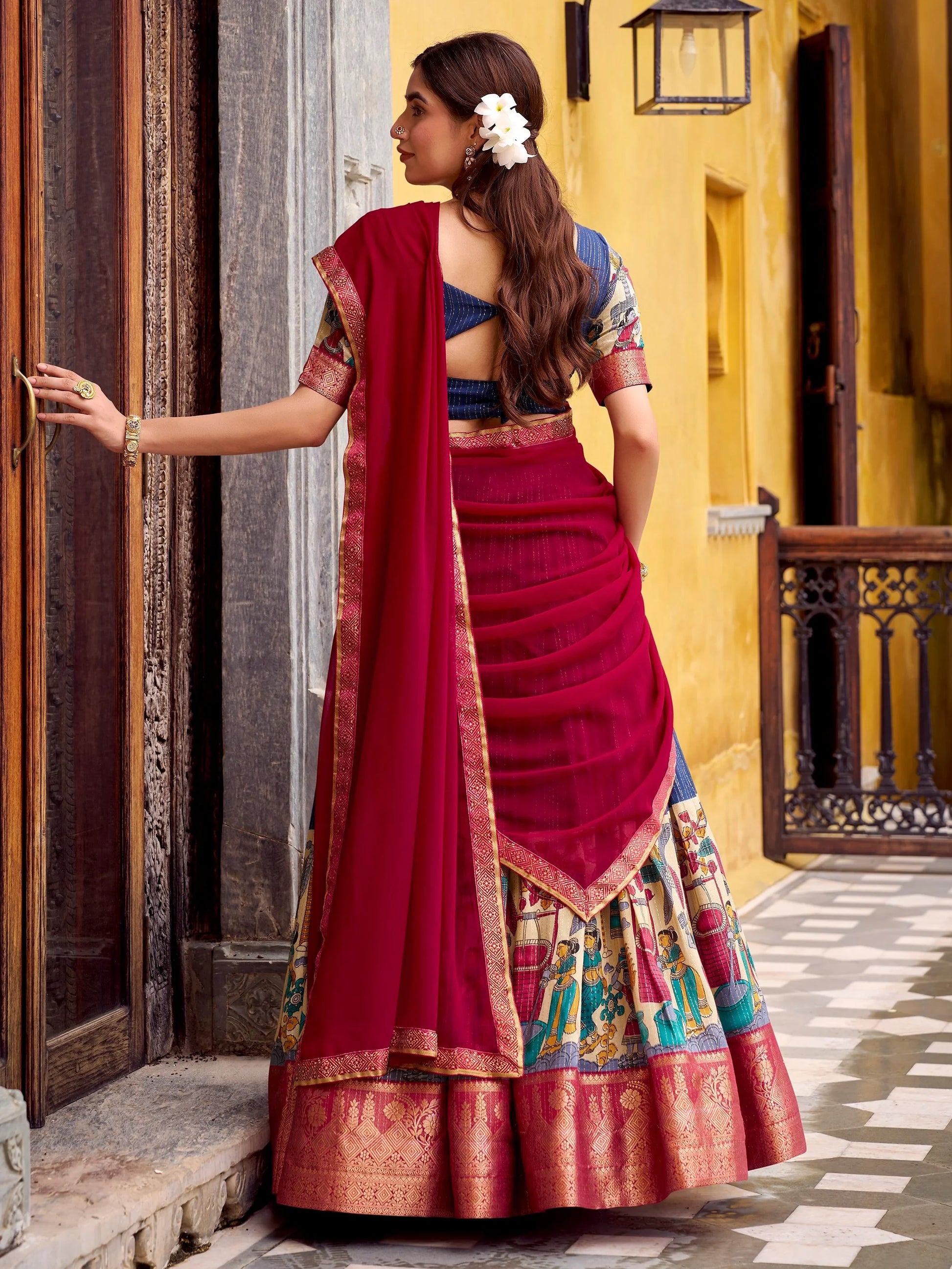 Tantalizing Navy Blue Kalamkari Print Chanderi Silk Event Wear Half Saree Lehenga