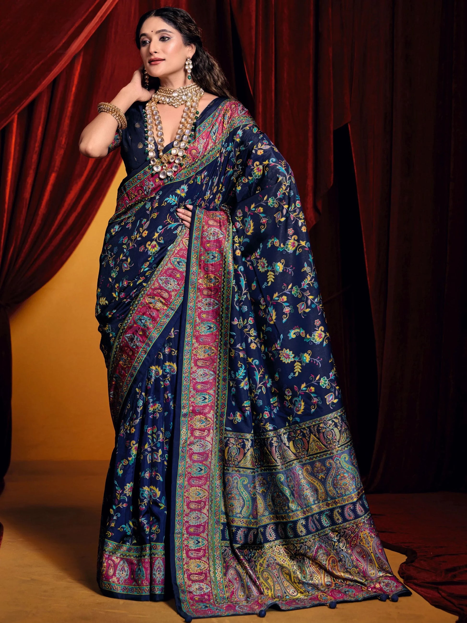 Tantalizing Navy Blue Paisley Printed Tussar Silk Party Wear Saree - Zeel Clothing