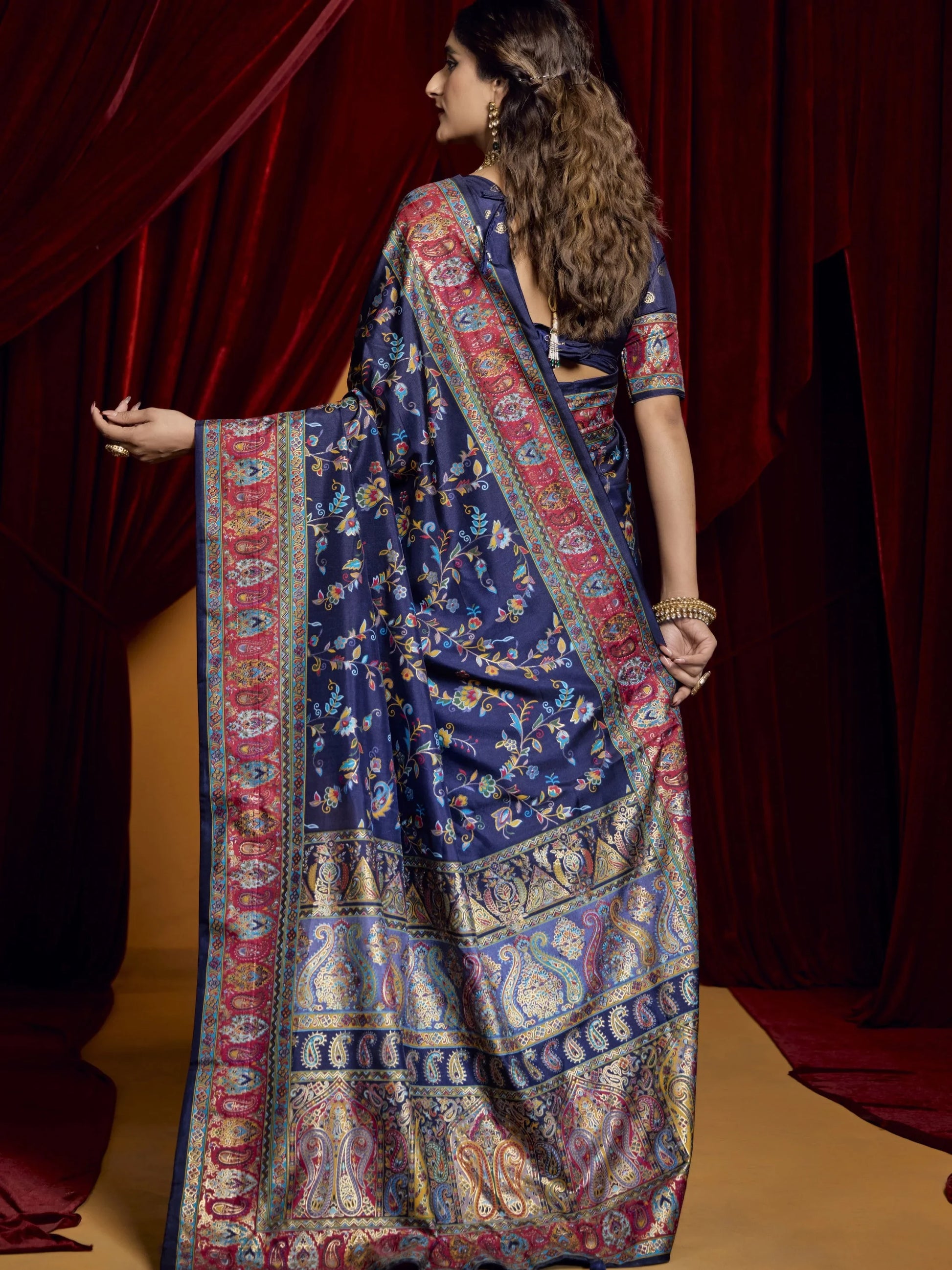 Tantalizing Navy Blue Paisley Printed Tussar Silk Party Wear Saree - Zeel Clothing