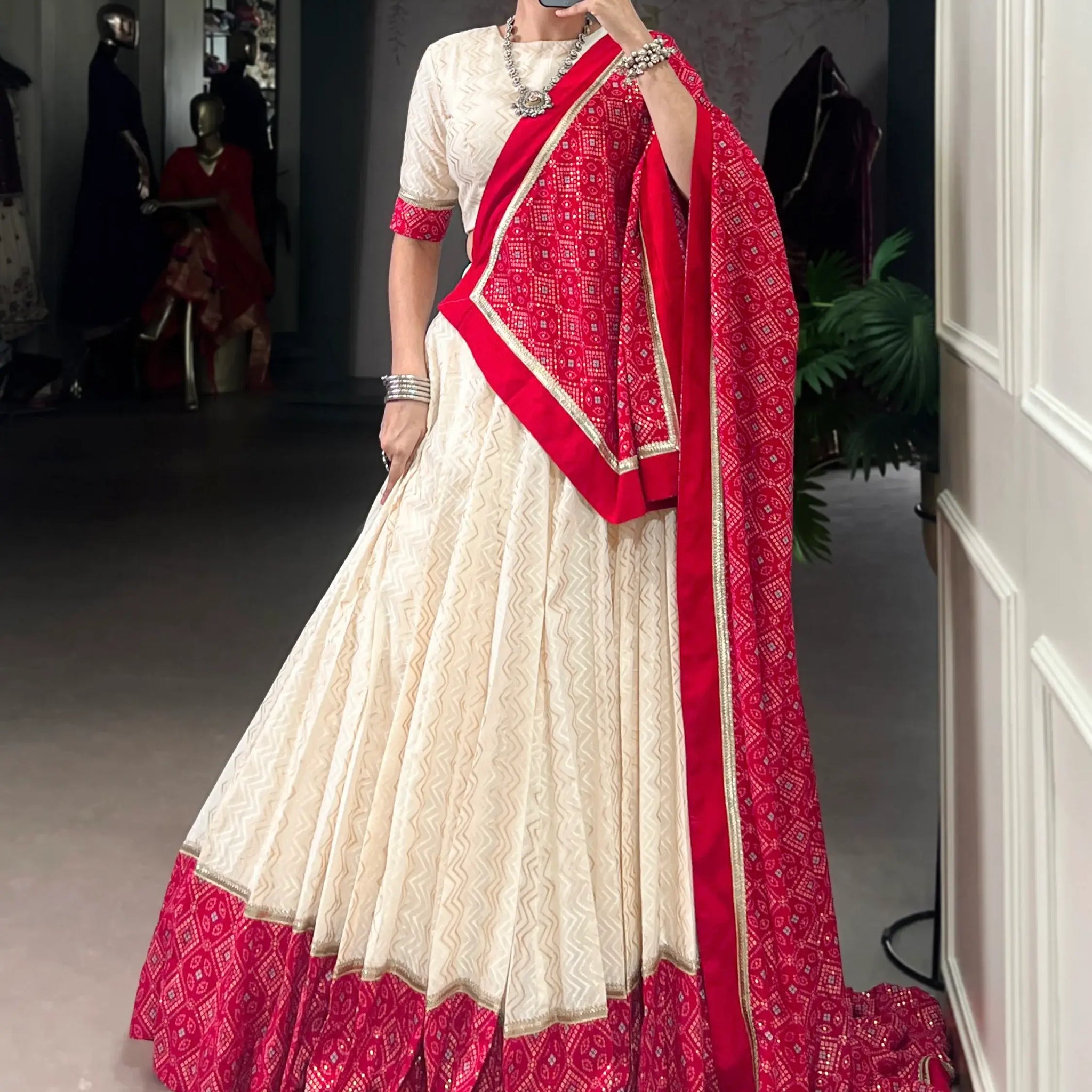 Tantalizing Off-White Bandhej Print Cotton Festive Wear Lehenga Choli With Dupatta - Zeel Clothing
