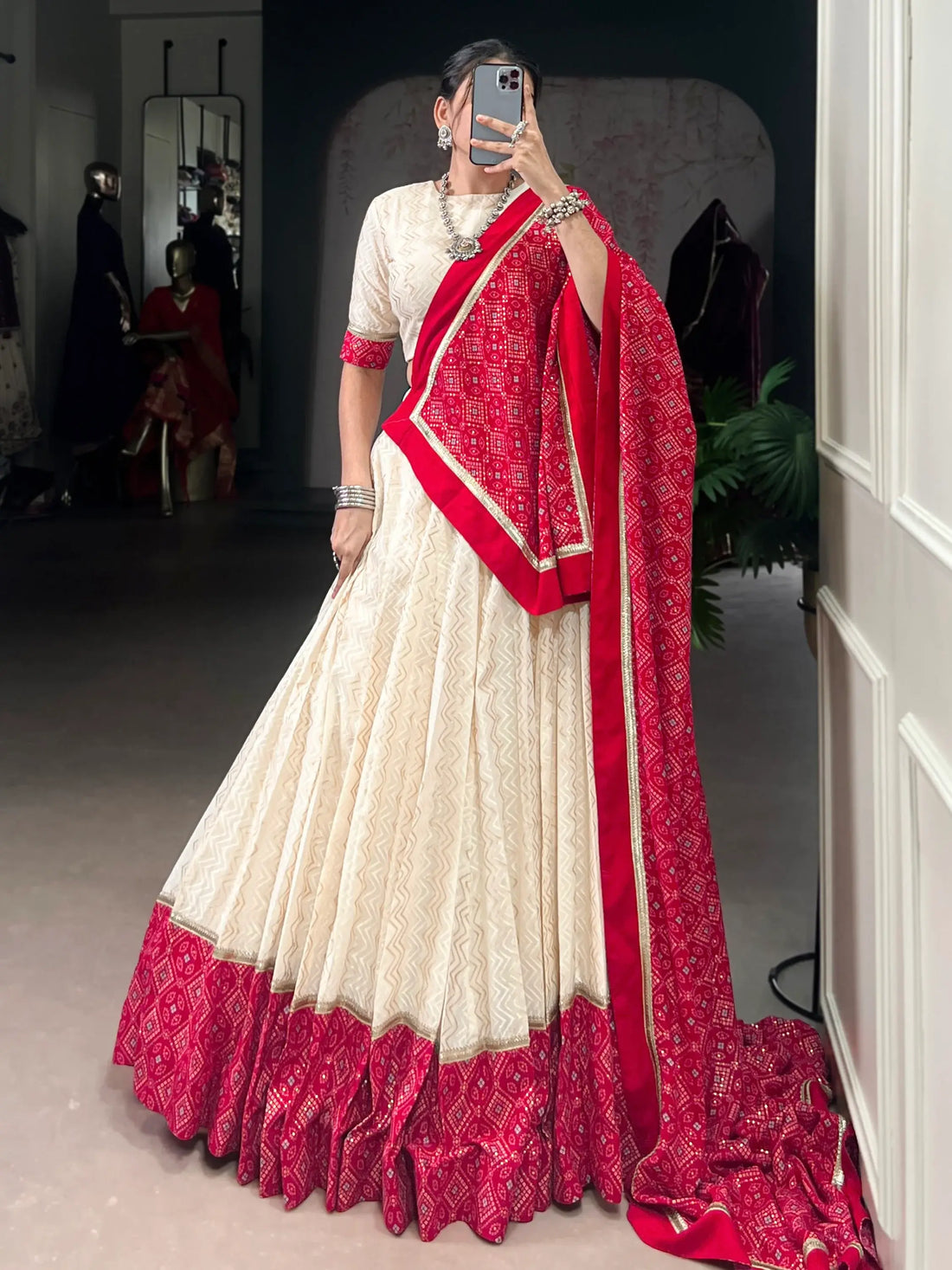 Tantalizing Off-White Bandhej Print Cotton Festive Wear Lehenga Choli With Dupatta - Zeel Clothing
