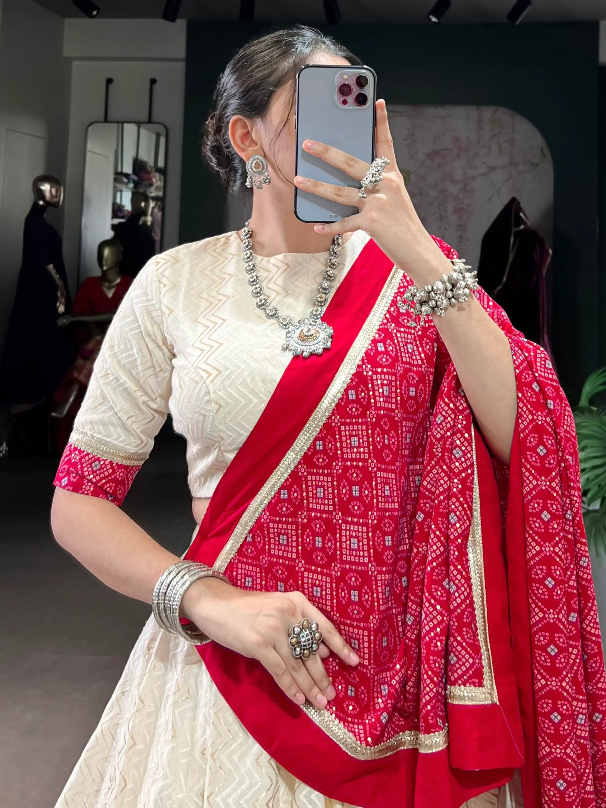 Tantalizing Off-White Bandhej Print Cotton Festive Wear Lehenga Choli With Dupatta - Zeel Clothing