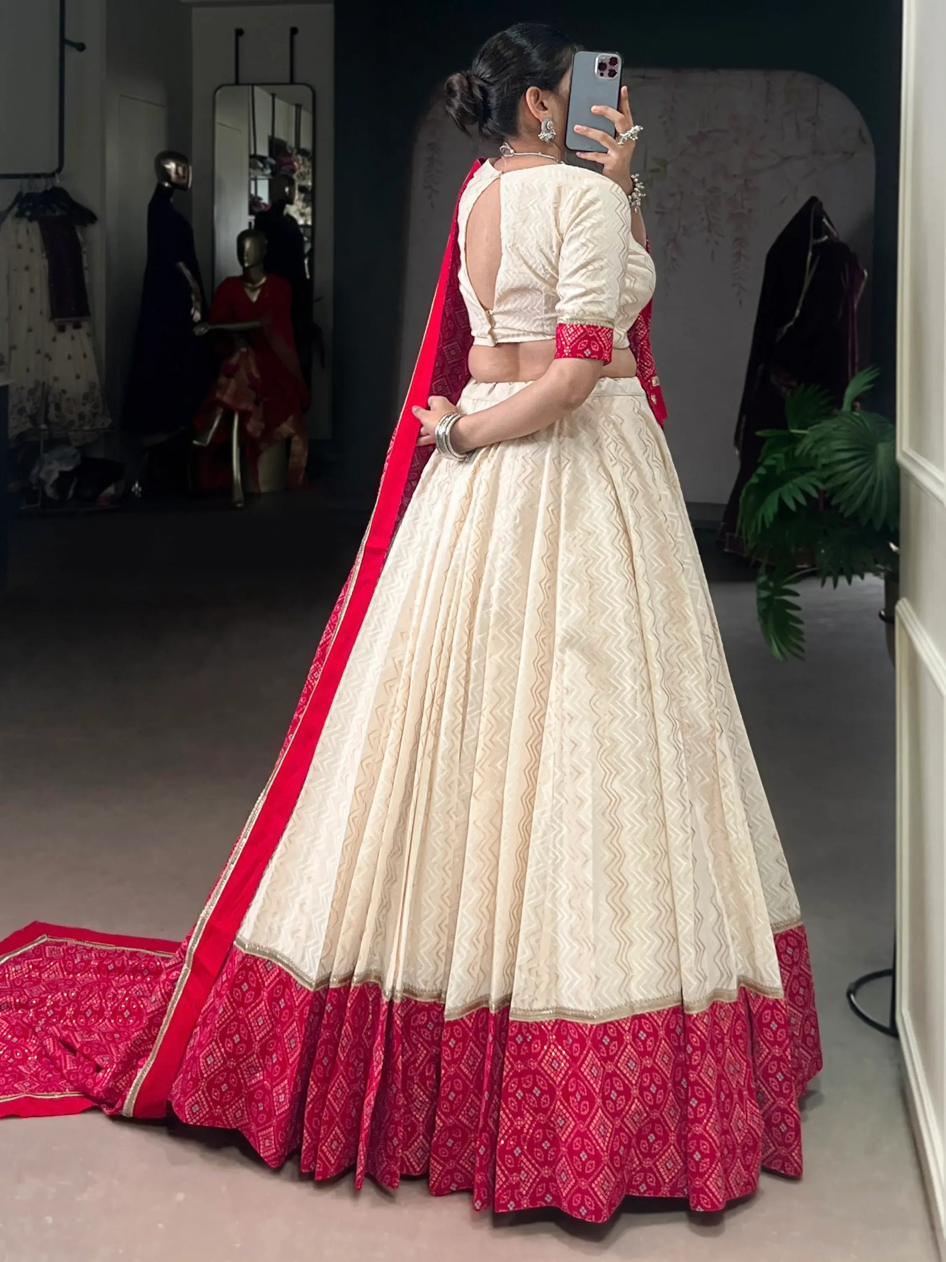 Tantalizing Off-White Bandhej Print Cotton Festive Wear Lehenga Choli With Dupatta - Zeel Clothing