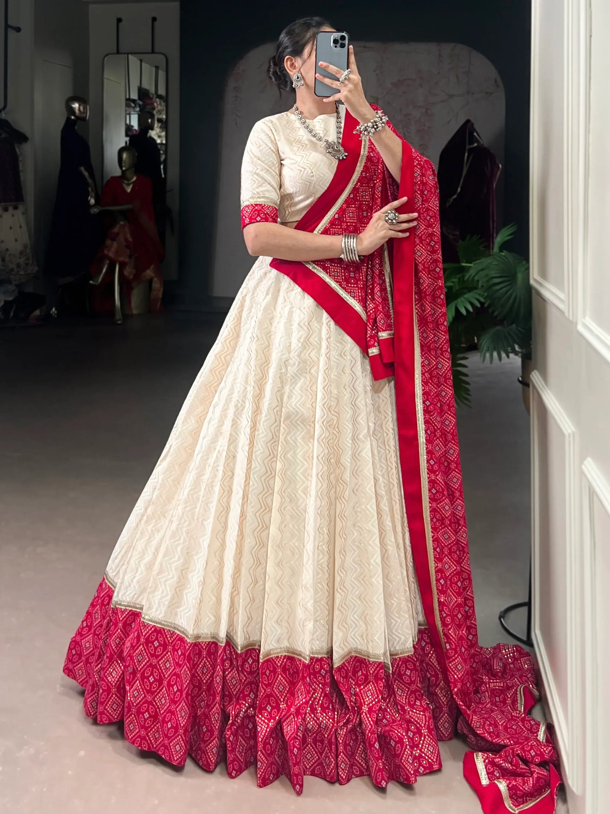 Tantalizing Off-White Bandhej Print Cotton Festive Wear Lehenga Choli With Dupatta - Zeel Clothing