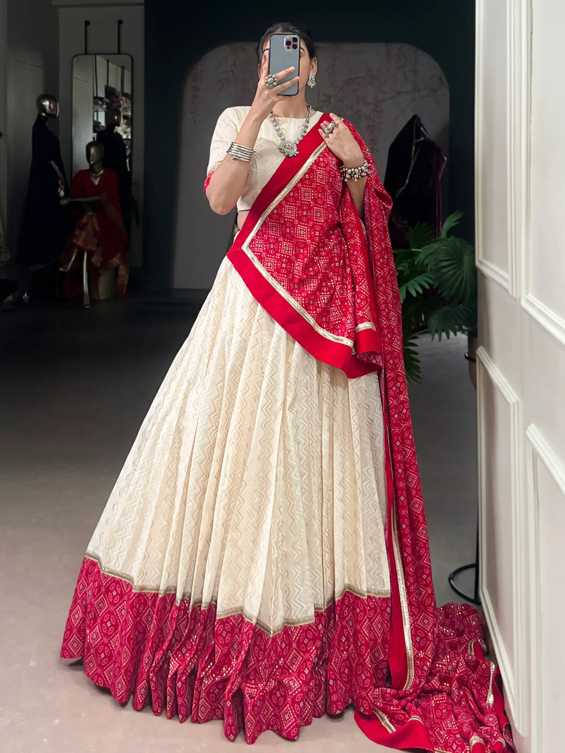 Tantalizing Off-White Bandhej Print Cotton Festive Wear Lehenga Choli With Dupatta - Zeel Clothing